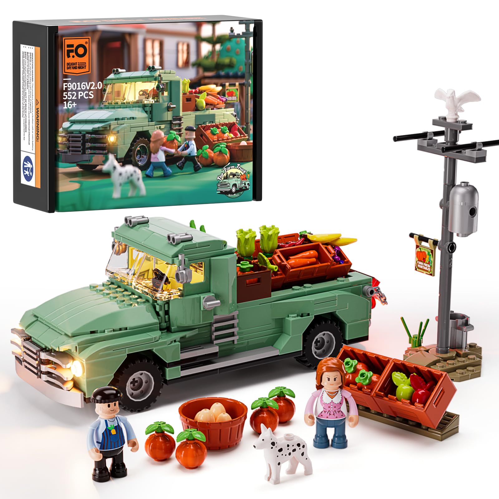 ست بلوک های ساختمانی روشنایی کامیون مزرعه ای FUNWHOLE - ست مدل ساختمانی چراغ LED رترو کامیون مزرعه 552 عددی برای بزرگسالان و نوجوانان