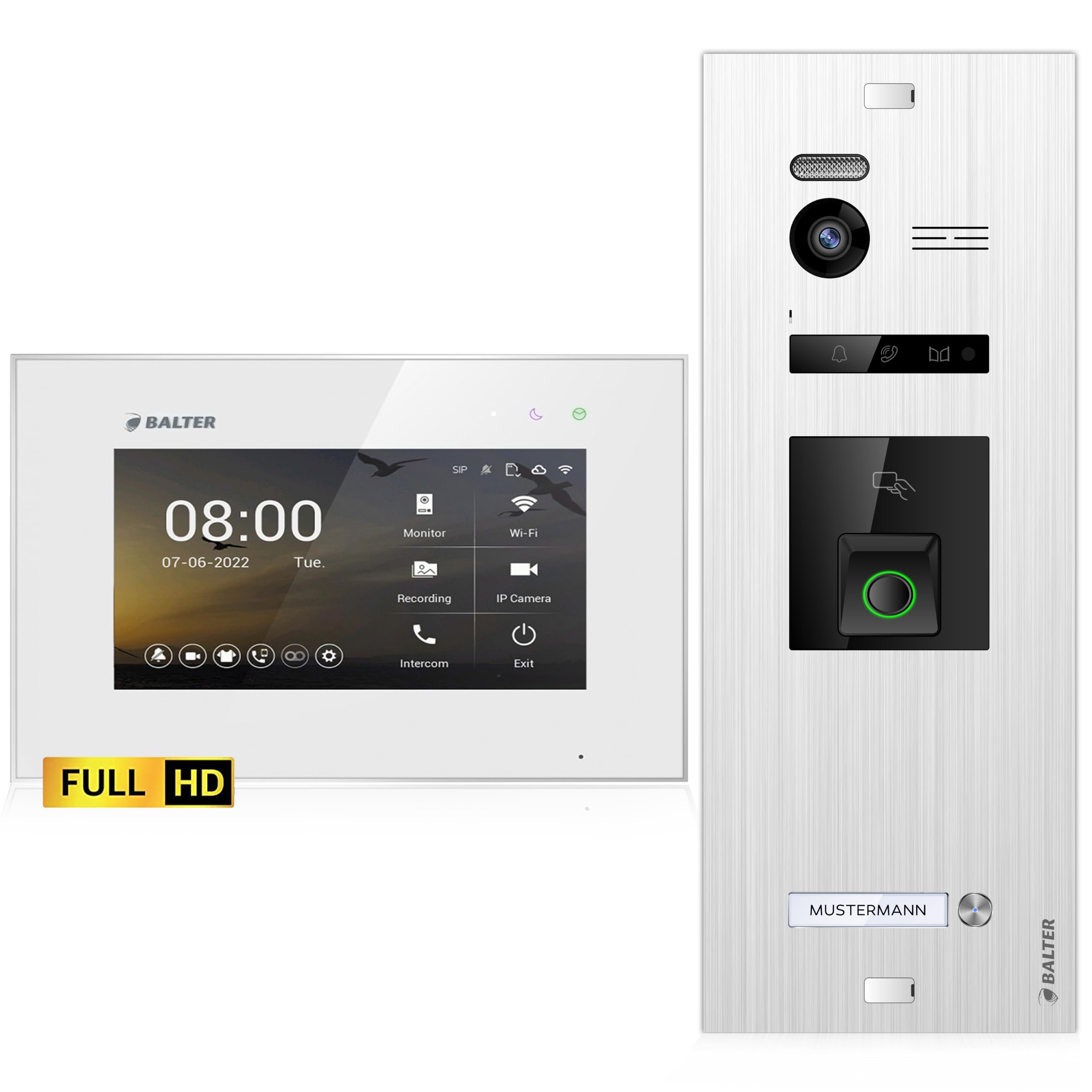 اینترکام درب تصویری Balter EVO-HD با حسگر اثر انگشت، زنگ ویدیویی، 1 خانه خانوادگی، 1 x مانیتور 7 اینچی، زنگ در با دوربین Full HD، اتوبوس 2 سیم، زاویه عریض 175 درجه، RFID، 1080P