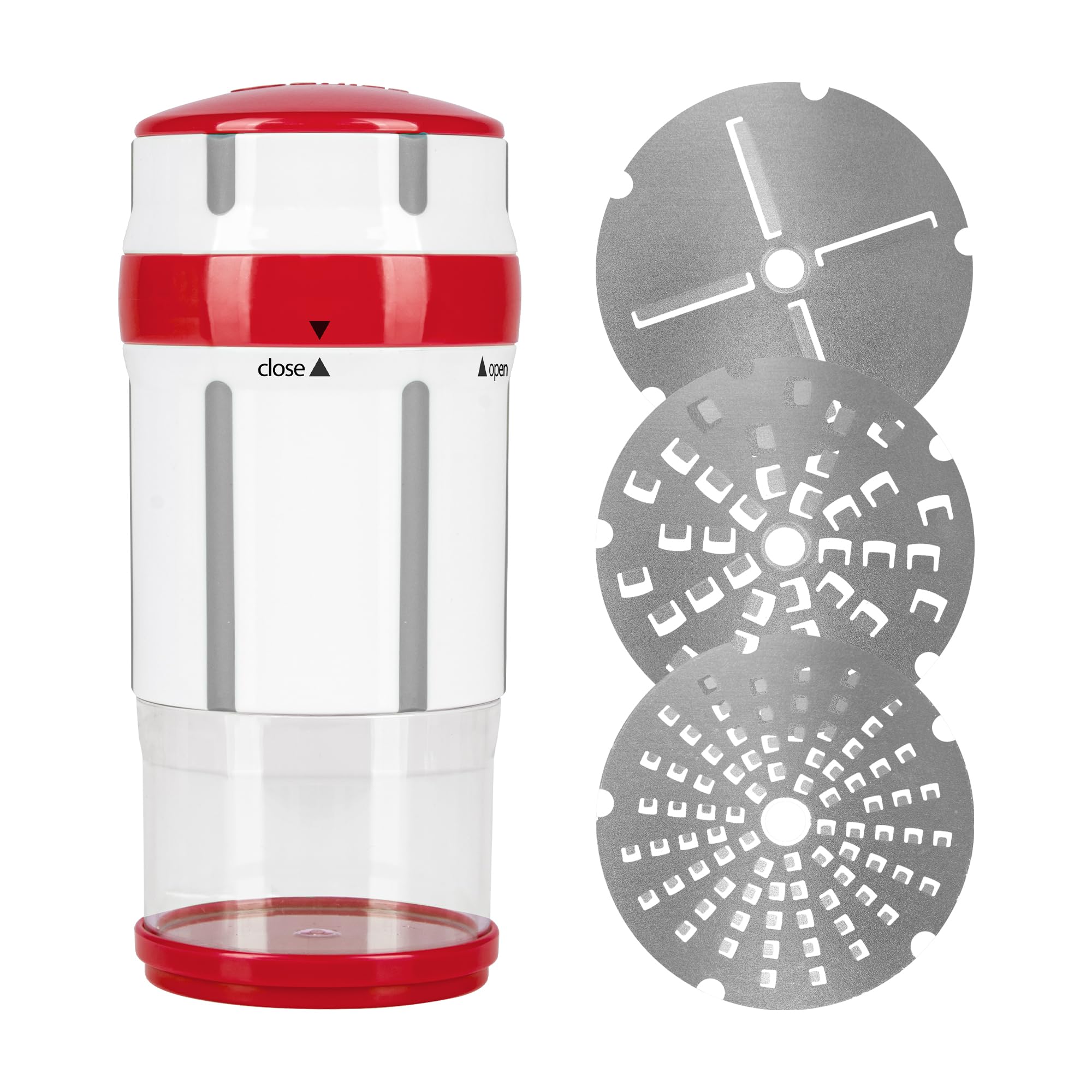 آسیاب ادویه جات جنیوس Nicer Dicer Maestro با 3 تیغه، ست 6 تکه، پنیر رنده، جوز هندی، رنده پارمزان با ظرف و درب، خلال پنیر، رنده سیر، رنده آشپزخانه با انبار، قرمز