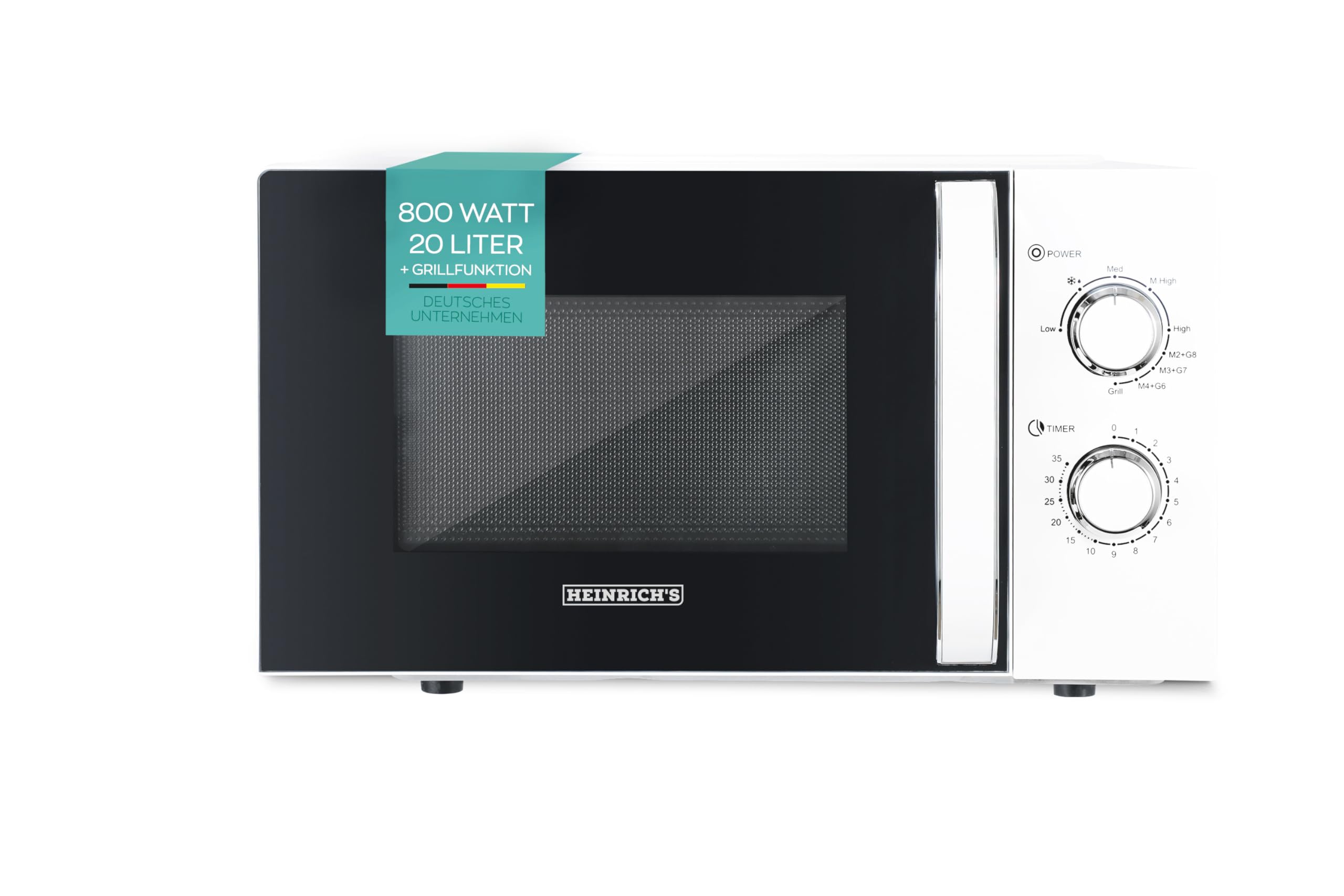مایکروویو هاینریش، مایکروویو جمع و جور، ظرفیت 20 لیتر، 9 سطح قدرت، شامل تایمر 35 دقیقه‌ای، عملکرد یخ‌زدایی، چراغ داخلی، صفحه گردان 360 درجه، با عملکرد گریل، قدرت 800 وات، هاینریش (سفید)