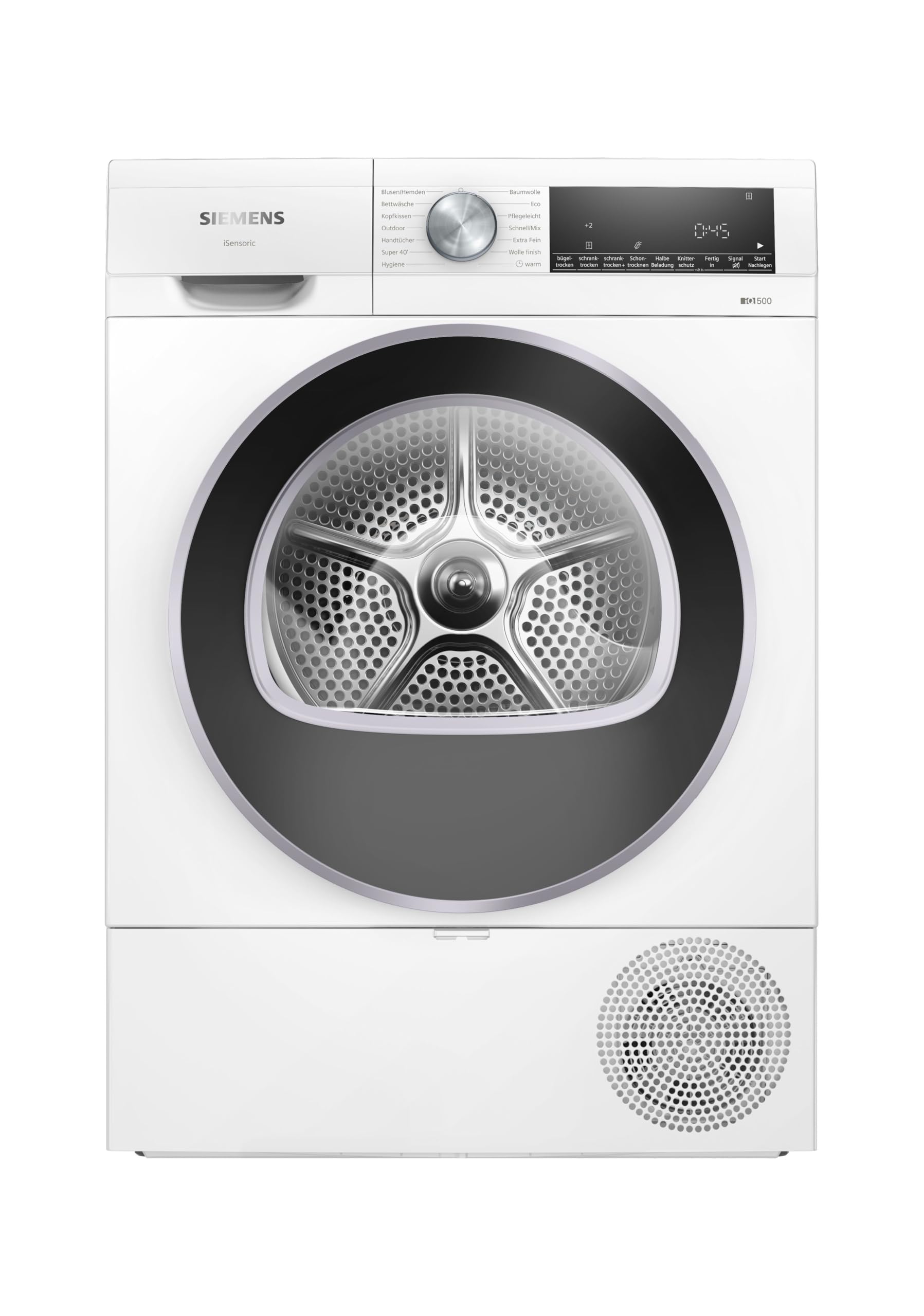 خشک‌کن زیمنس WQ43G2D0EM، خشک‌کن پمپ حرارتی iQ500، 9 کیلوگرم، خشک‌کن خودکار، بسته سرعت و خشک‌کن فوق العاده 40 فوتی برای خشک کردن سریع و ملایم، برنامه فضای باز، نیمه بار، فیلتر easyClean، صفحه نمایش LED بزرگ، سفید