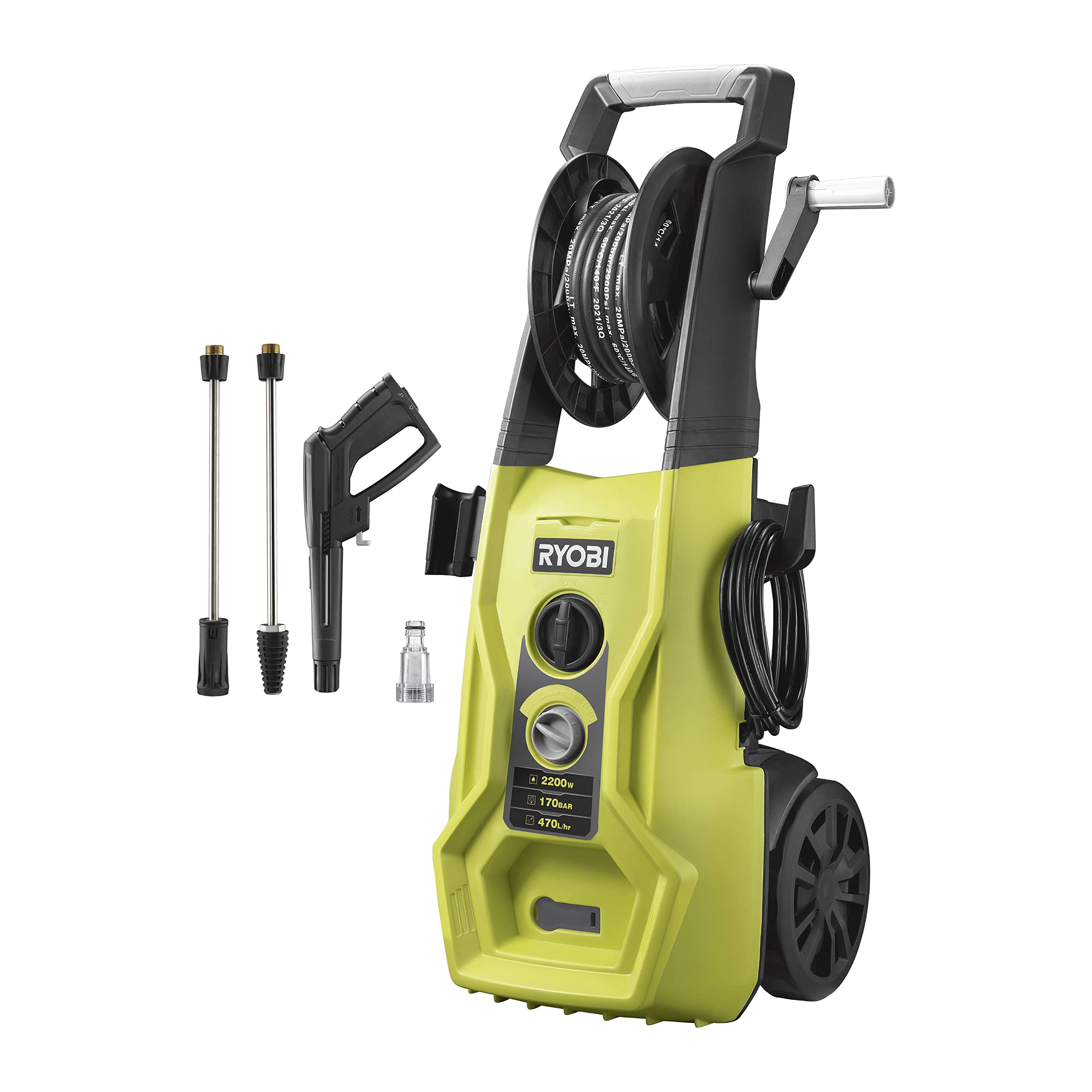 کارواش ریوبی ژاپن RYOBI 1800W RY140PWA - فشار 140 بار، جریان 420 لیتر در ساعت، مخزن مواد شوینده 0.9 لیتری، شیلنگ تقویت شده با فولاد 6 متری، قرقره شلنگ، لوازم جانبی شامل پاک کننده سطوح