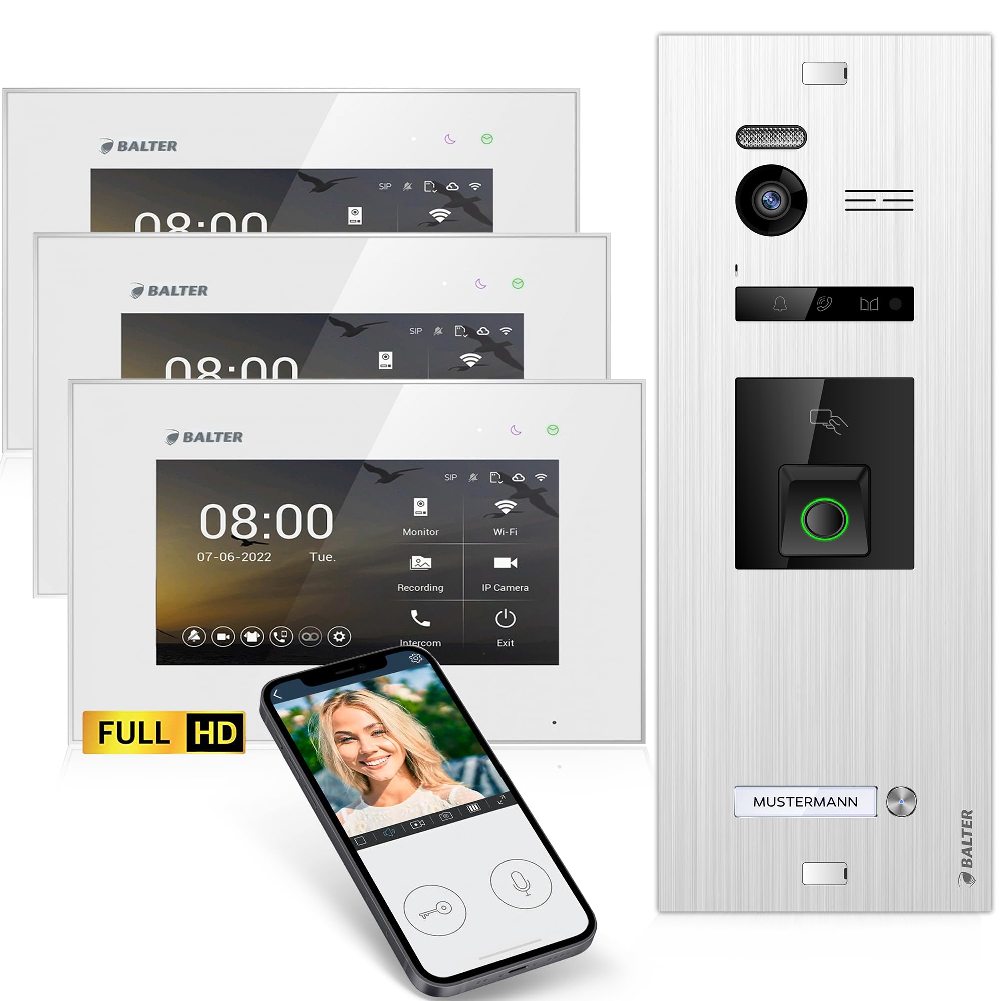 اینترکام درب تصویری Balter EVO-HD با اثر انگشت، زنگ ویدیویی، برنامه گوشی هوشمند، 1 خانه خانوادگی، مانیتور 3×7 اینچی، زنگ در با دوربین Full HD، اتوبوس 2 سیم، زاویه عریض 175 درجه، RFID، 1080P