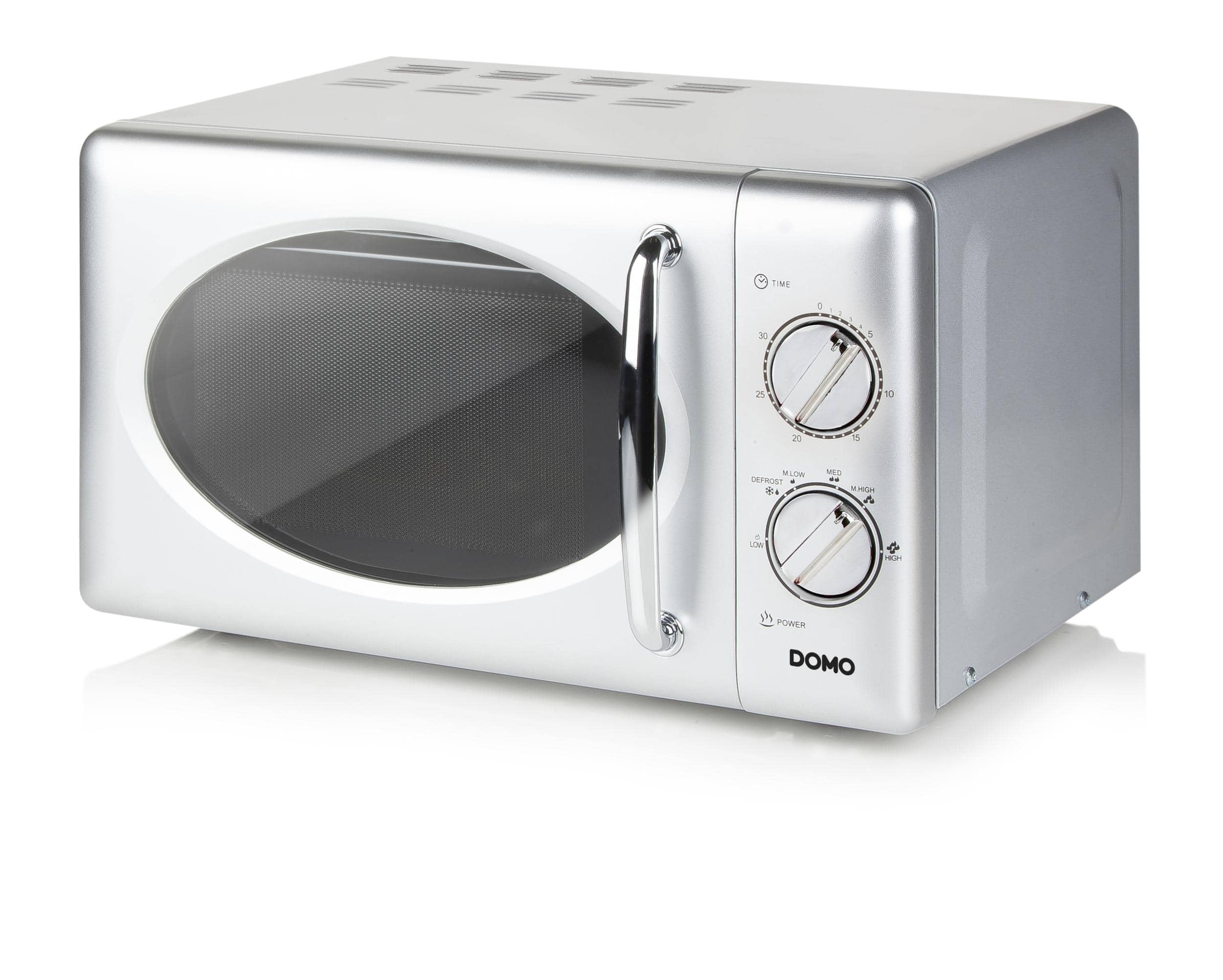 مایکروویو ایستاده DOMO DO3025 مدل رترو - 6 سطح قدرت - عملکرد مکانیکی - دارای تایمر تا 30 دقیقه - قابلیت یخ‌زدایی - 25 لیتر - 900 وات - نقره‌ای/خاکستری