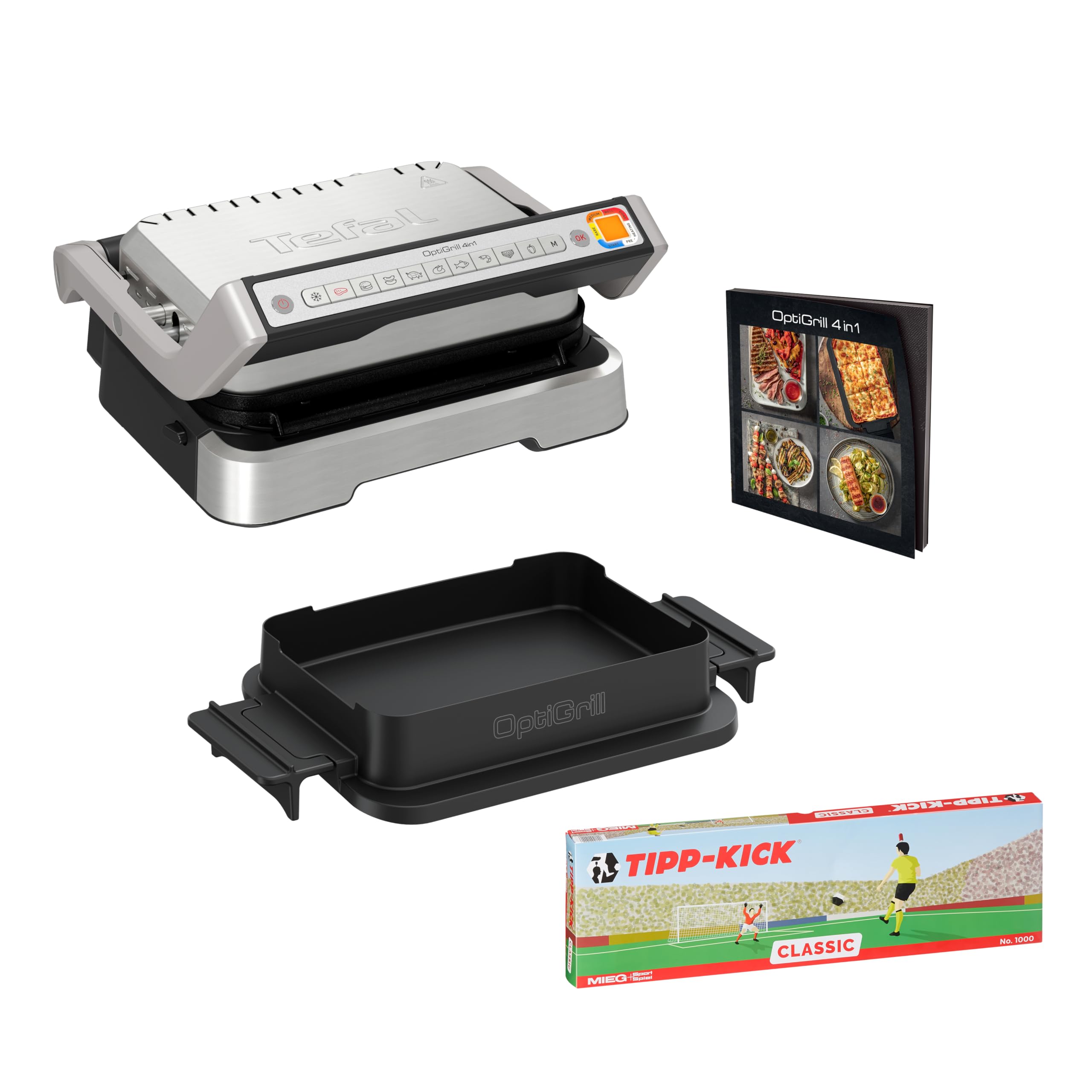گریل باربیکیو تفال  Tefal OptiGrill 4-in-1 Tipp-Kick Edition، کباب پز/BBQ/فر/غذای کامل، 9 برنامه خودکار شامل سینی پخت و بازی Tipp-Kick، نقره ای، GC774D.TK