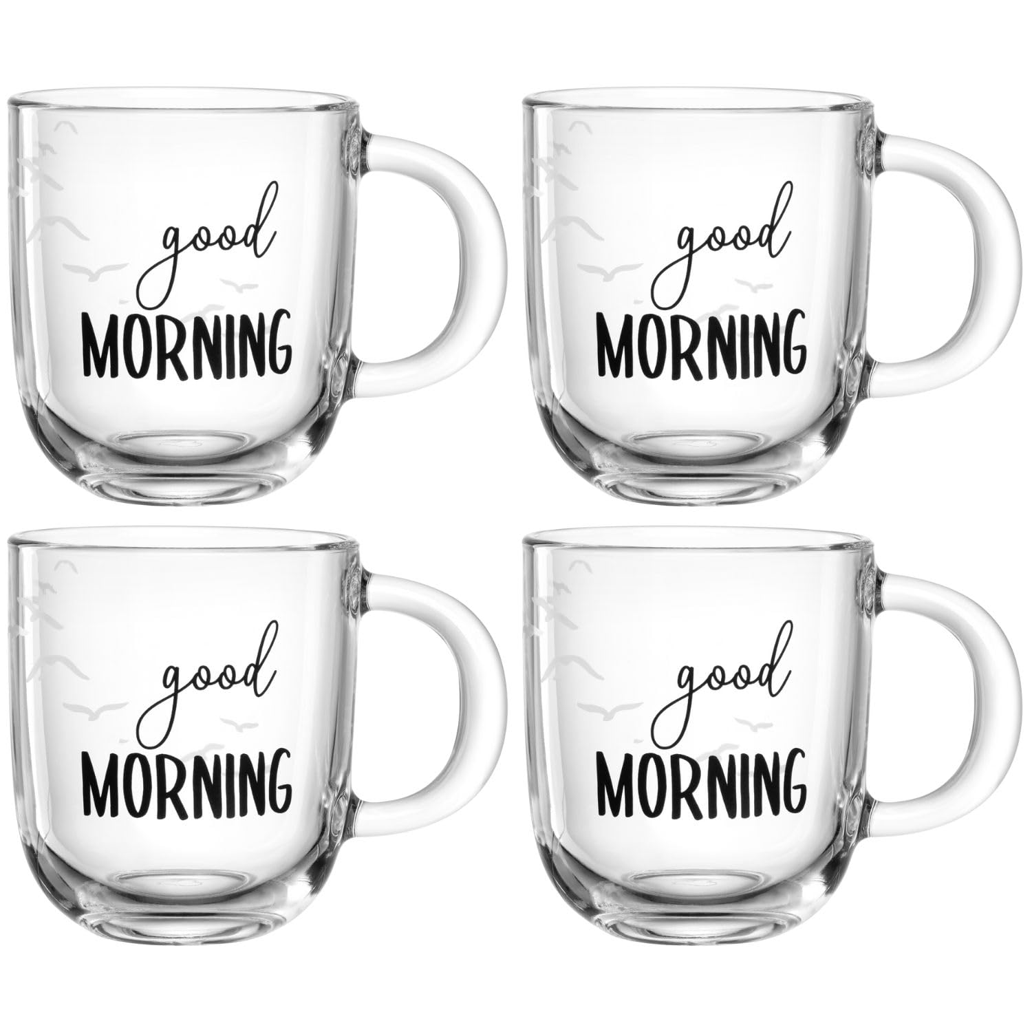 لیوان LEONARDO HOME Ufficio صبح بخیر، مجموعه 4 عددی، ست لیوان قابل شستشو در ماشین ظرفشویی، لیوان‌های قهوه با کیفیت بالا و مدرن برای دفتر، ست فنجان چای روزمره از جنس شیشه، 400 میلی لیتر، 047079