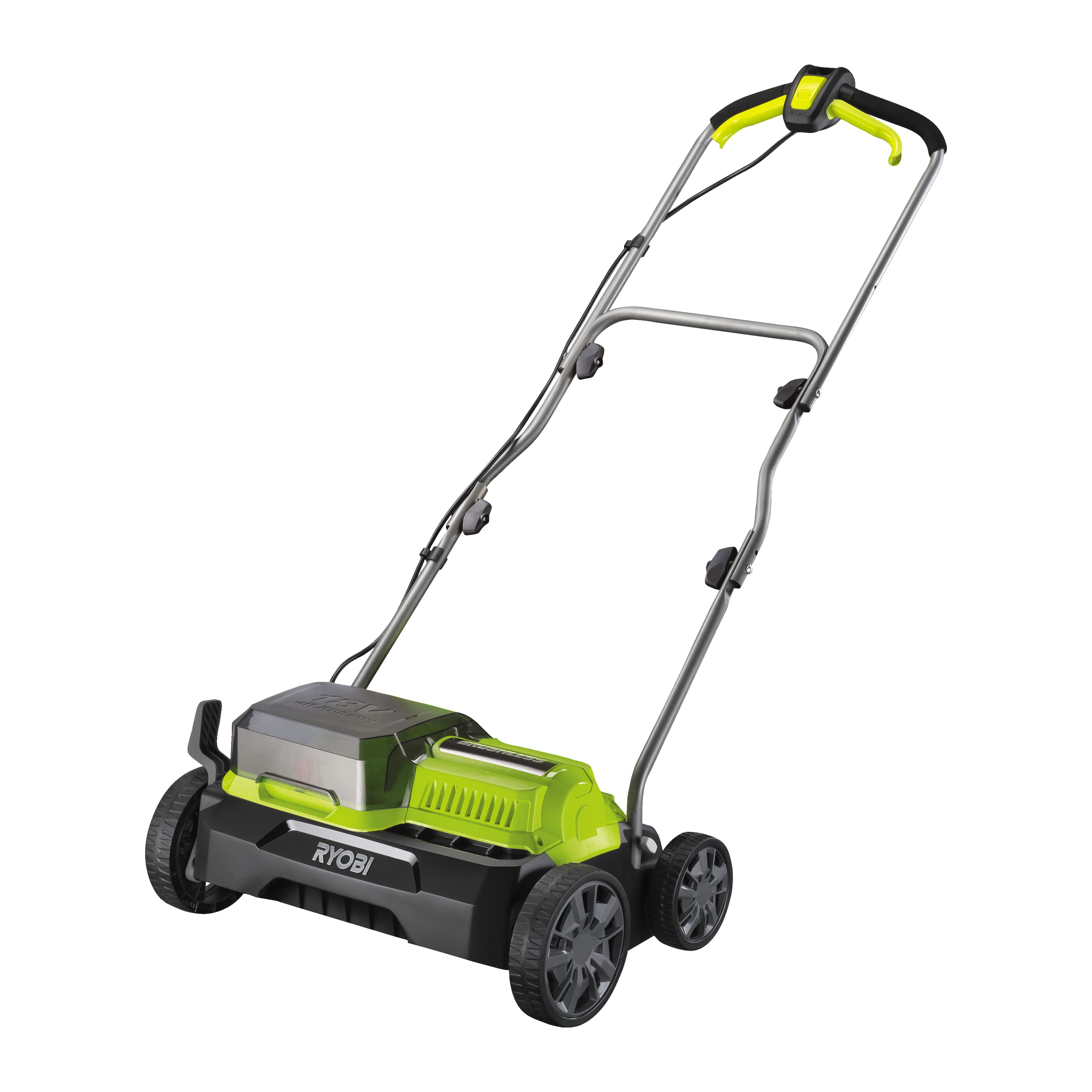 Scarifier شارژی RYOBI 18V ONE+ براشلس RY18SFX35A-0 (عرض کار 35 سانتی متر، تنظیم عمق 4 مرحله، غلتک خراش دهنده با 16 تیغه، کیسه خاک 55 لیتری، بدون باتری و شارژر)