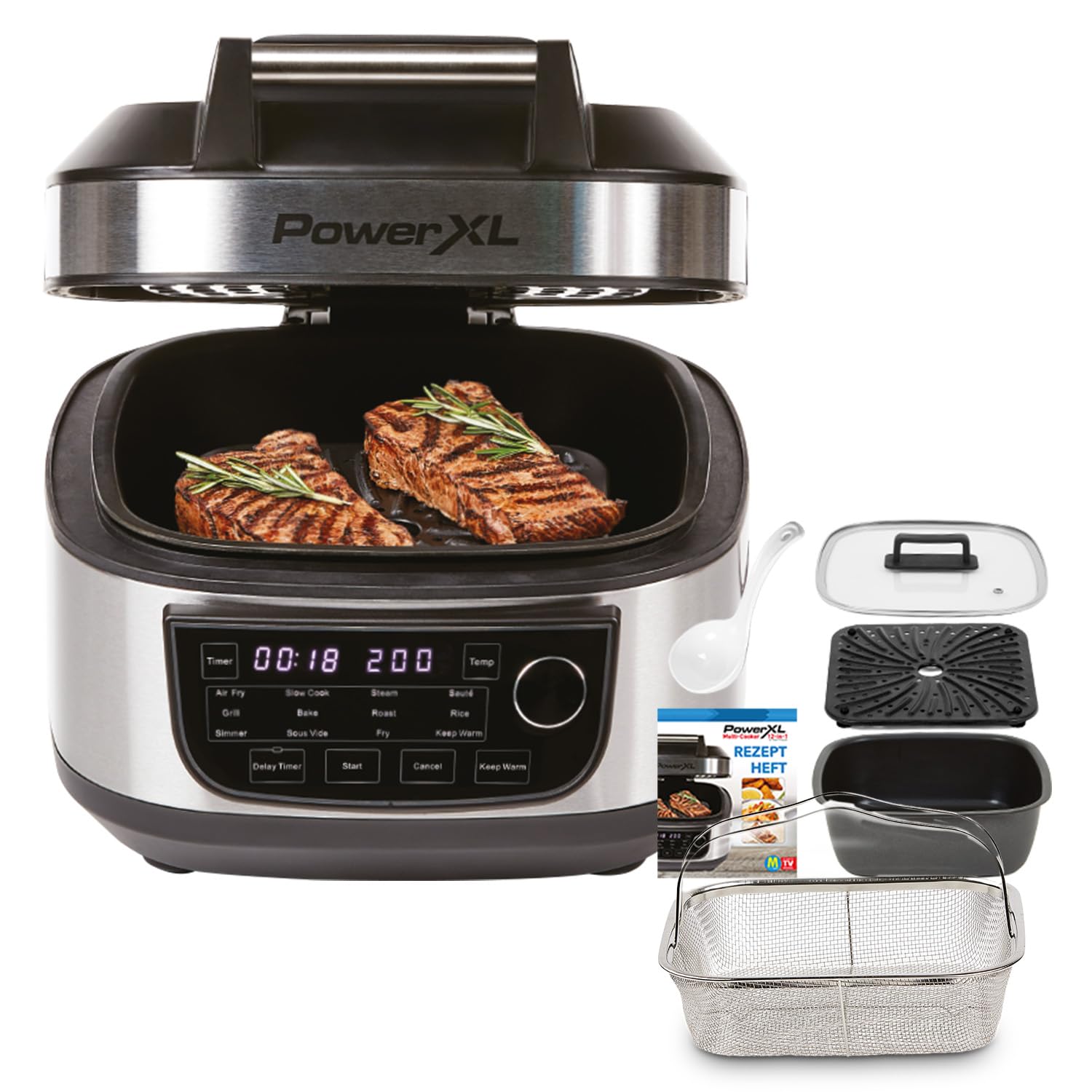 مجموعه سبد سرخ کردن PowerXL MultiCooker - Multicooker با 12 برنامه - یک قابلمه - زودپز - سرخ کن هوای گرم، گریل، پلوپز و موارد دیگر - 5.7 لیتر - هواپز - عملکرد گرم نگه داشتن M36558