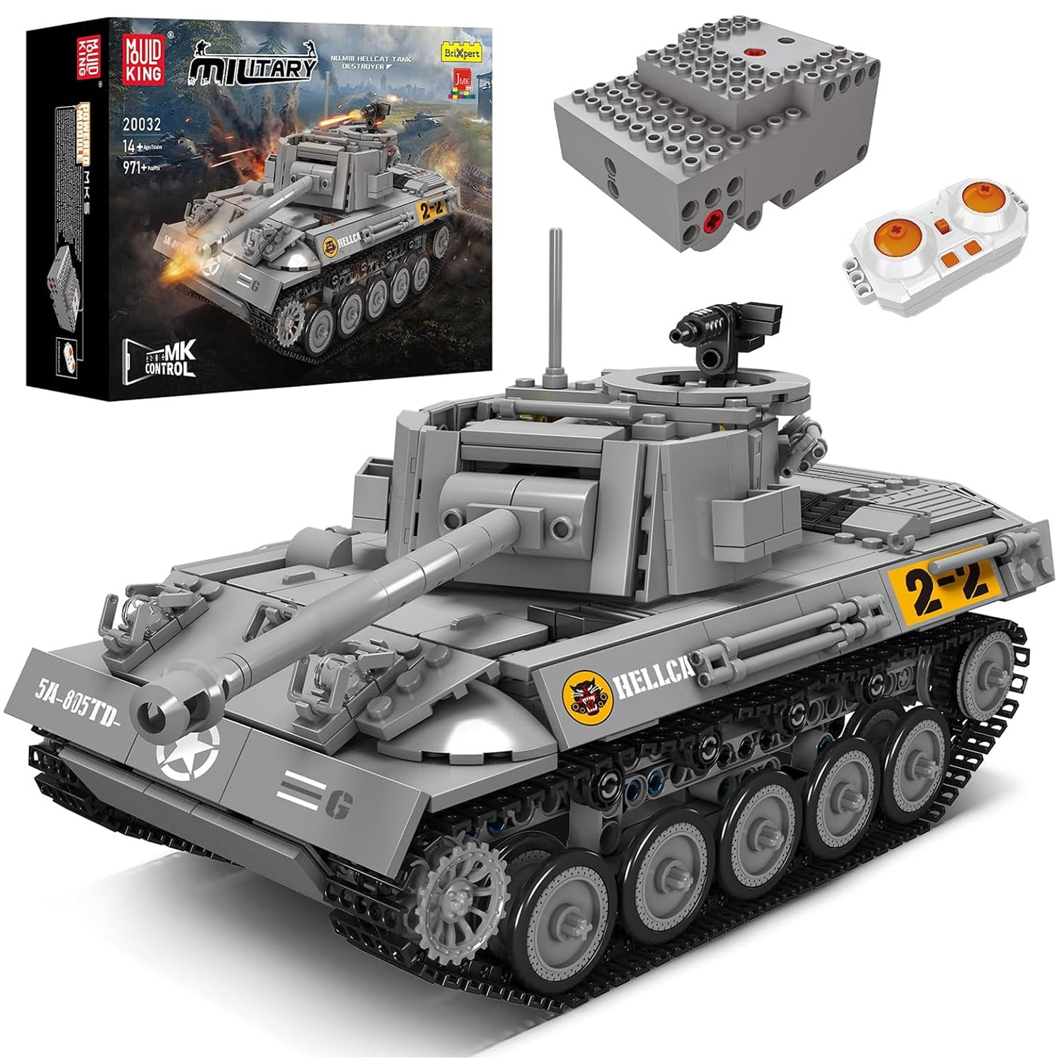 Mold King 20032 MOC M18 Hellcat Tank Remote با ژیروسکوپ برقی و مخزن انتقال دهنده فناوری صدا، کیت بلوک های ساختمانی در هم تنیده با فناوری مخزن (971+ عدد)، JMK Designer