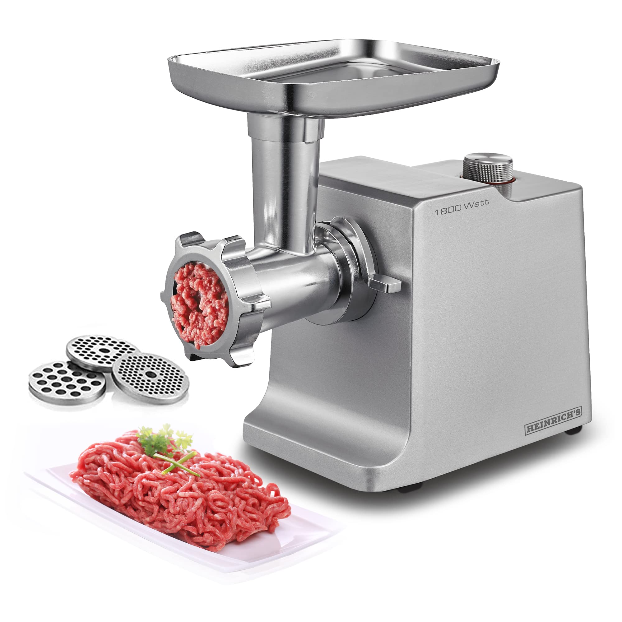 چرخ گوشت و سوسیس ساز برقی هاینریش آلمان شامل ۳ الک آسیاب مختلف + قطعه مخصوص کیبه + قطعه مخصوص سوسیس + هل دهنده، موتور ۱۸۰۰ وات، گیربکس فلزی حرفه ای، ۲ کیلوگرم در دقیقه برای فرآوری گوشت