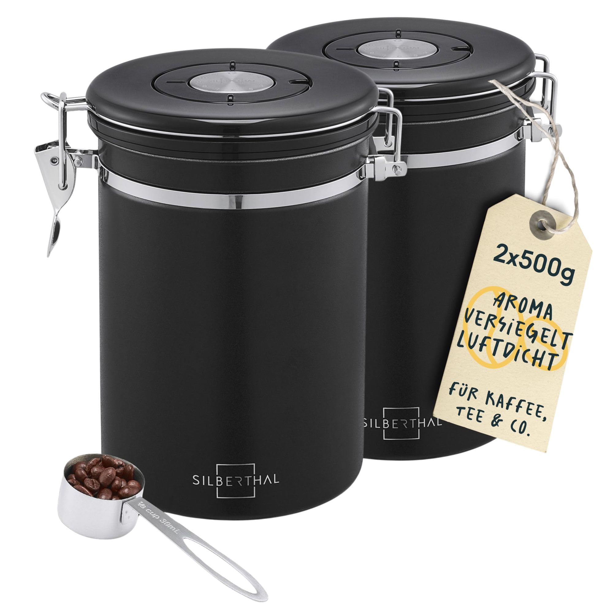 بسته ۲ عددی قوطی قهوه سیلبرتال آلمان درب‌دار، ۵۰۰ گرمی - ظرف نگهداری ضد بو برای دانه‌ها و قهوه آسیاب‌شده - شامل شیر CO2 و قاشق اندازه‌گیری - مشکی، ۲ عدد ۵۰۰ گرمی