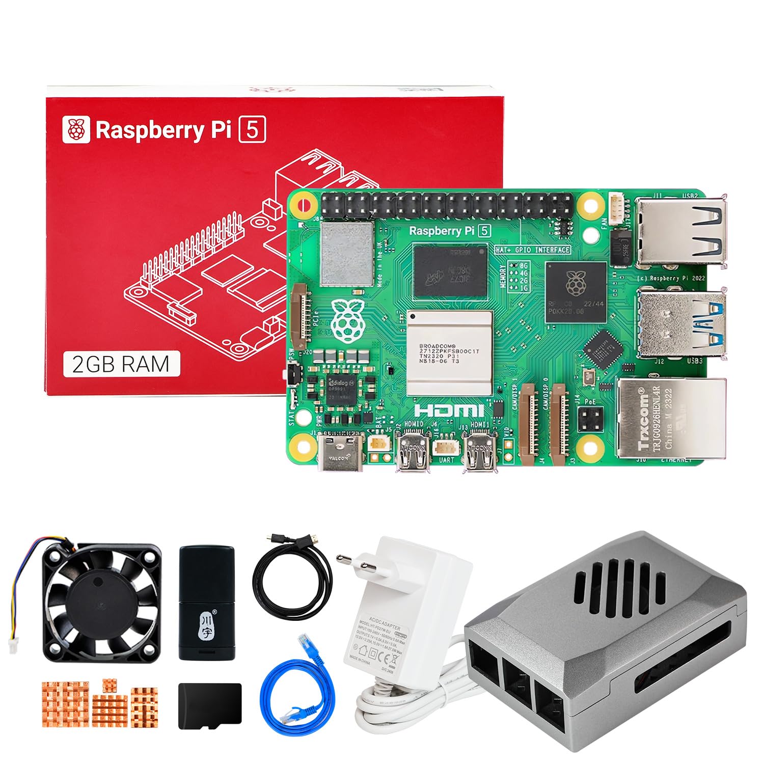 کیت توسعه 2 گیگابایتی Yahboom Raspberry Pi 5 + آداپتور برق PD + کیس ABS + هیت سینک + 64 گیگابایت TF Card Cortex-A76 CPU برای برنامه نویسی هوش مصنوعی پایتون (2 گیگابایت - کیت پایه کلاسیک)