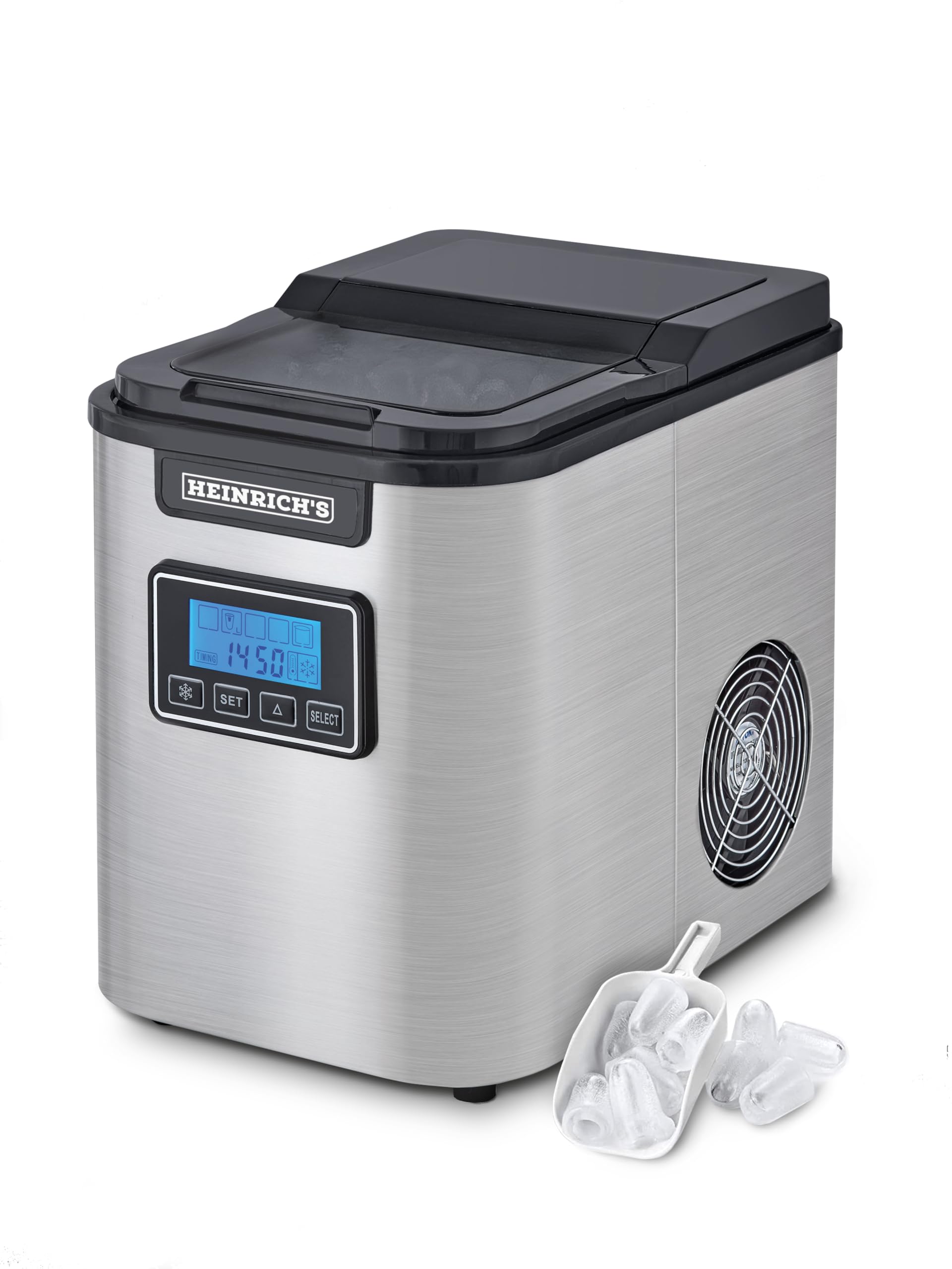 دستگاه یخ ساز هاینریش، یخ ساز با تایمر، ۳ اندازه یخ قابل تنظیم، صفحه نمایش LCD، مخزن آب ۲.۲ لیتری، عملکرد خود تمیز شونده، استیل ضد زنگ، قدرت ۱۲۰ وات هاینریش