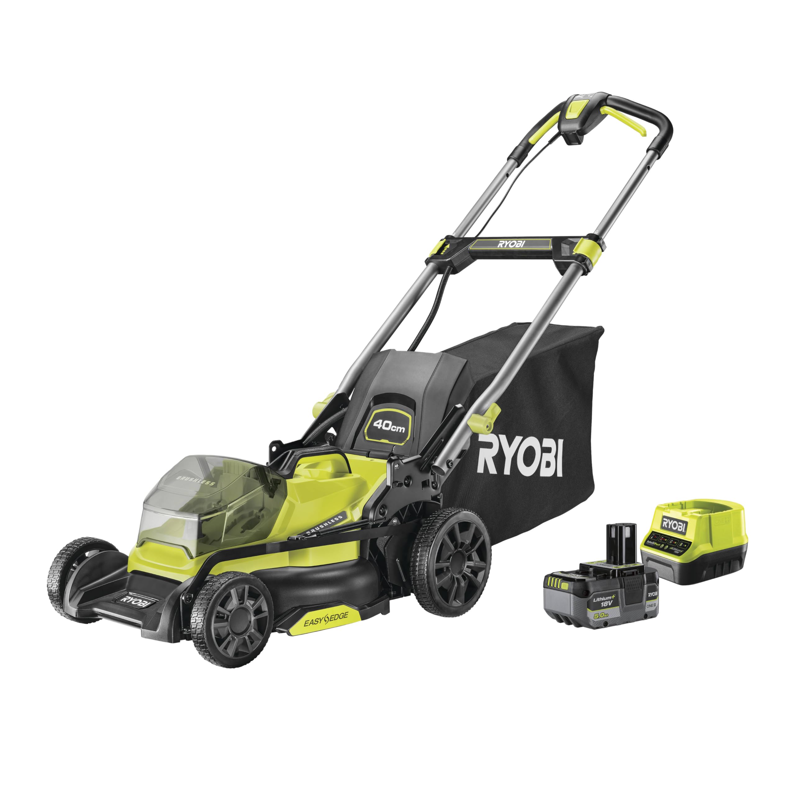 چمن زن شارژی ریوبی ژاپن RYOBI 18 V ONE+ براشلس RY18LMX40C-150 (عرض برش 40 سانتی متر، تنظیم ارتفاع در 7 جهت 25-75 میلی متر، مساحت تا 600 متر مربع، دسته متغیر شامل گوه مالچ، باتری 1x5.0Ah و شارژر)
