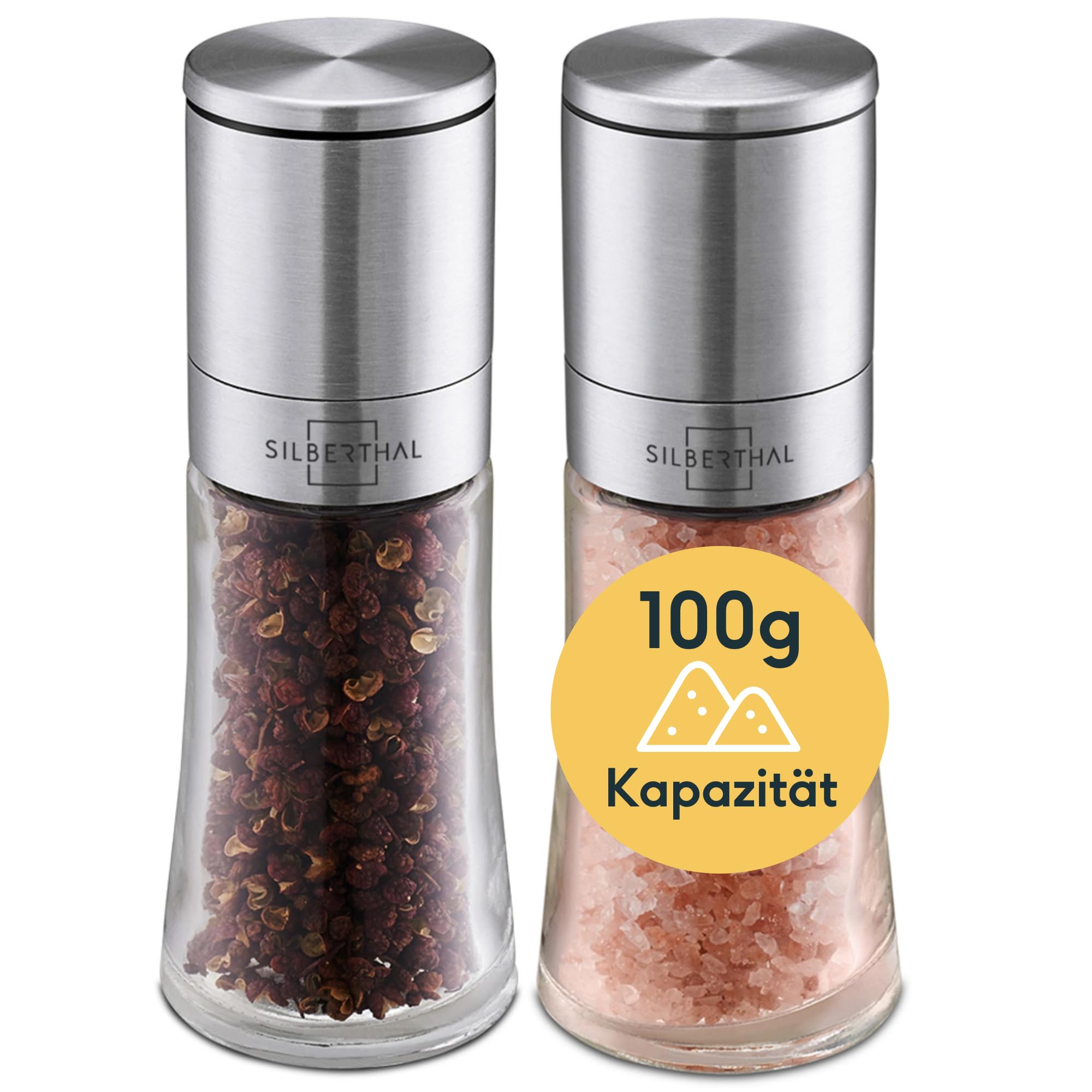 مجموعه آسیاب نمک و فلفل سیلبرتال آلمان SILBERTHAL - تنظیمات آسیاب بی‌نهایت قابل تنظیم - نمکدان با مکانیزم آسیاب سرامیکی - آسیاب ادویه از جنس شیشه و استیل ضد زنگ - خالی و قابل پر کردن مجدد، مجموعه ۲ عددی