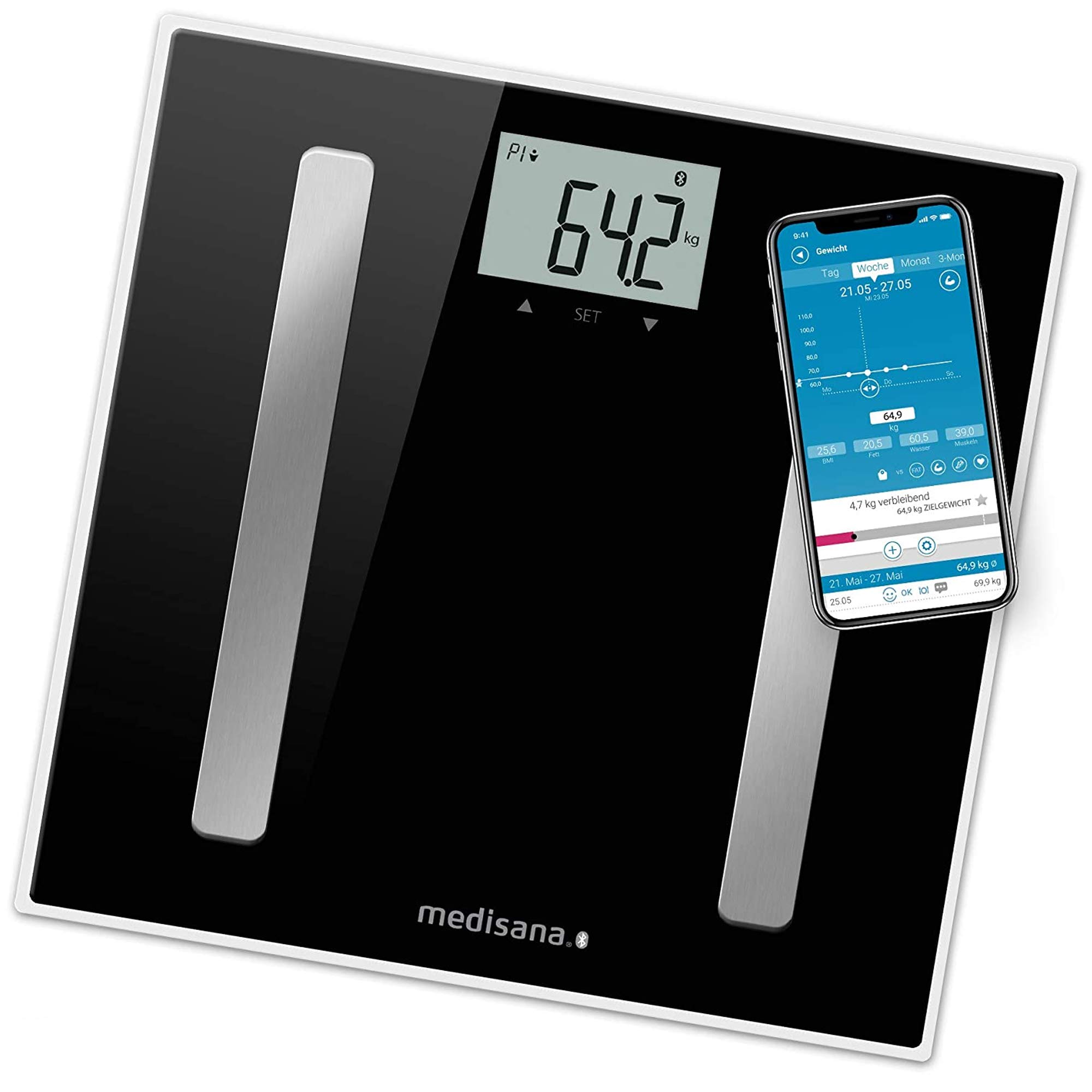 ترازوی دیجیتال آنالیز بدن مدیسانا مدل BS A45 connect، وزن ۱۸۰ کیلوگرم، ترازوی شخصی برای اندازه‌گیری چربی بدن، آب بدن، توده عضلانی و وزن استخوان، ترازوی چربی بدن با اپلیکیشن آنالیز بدن