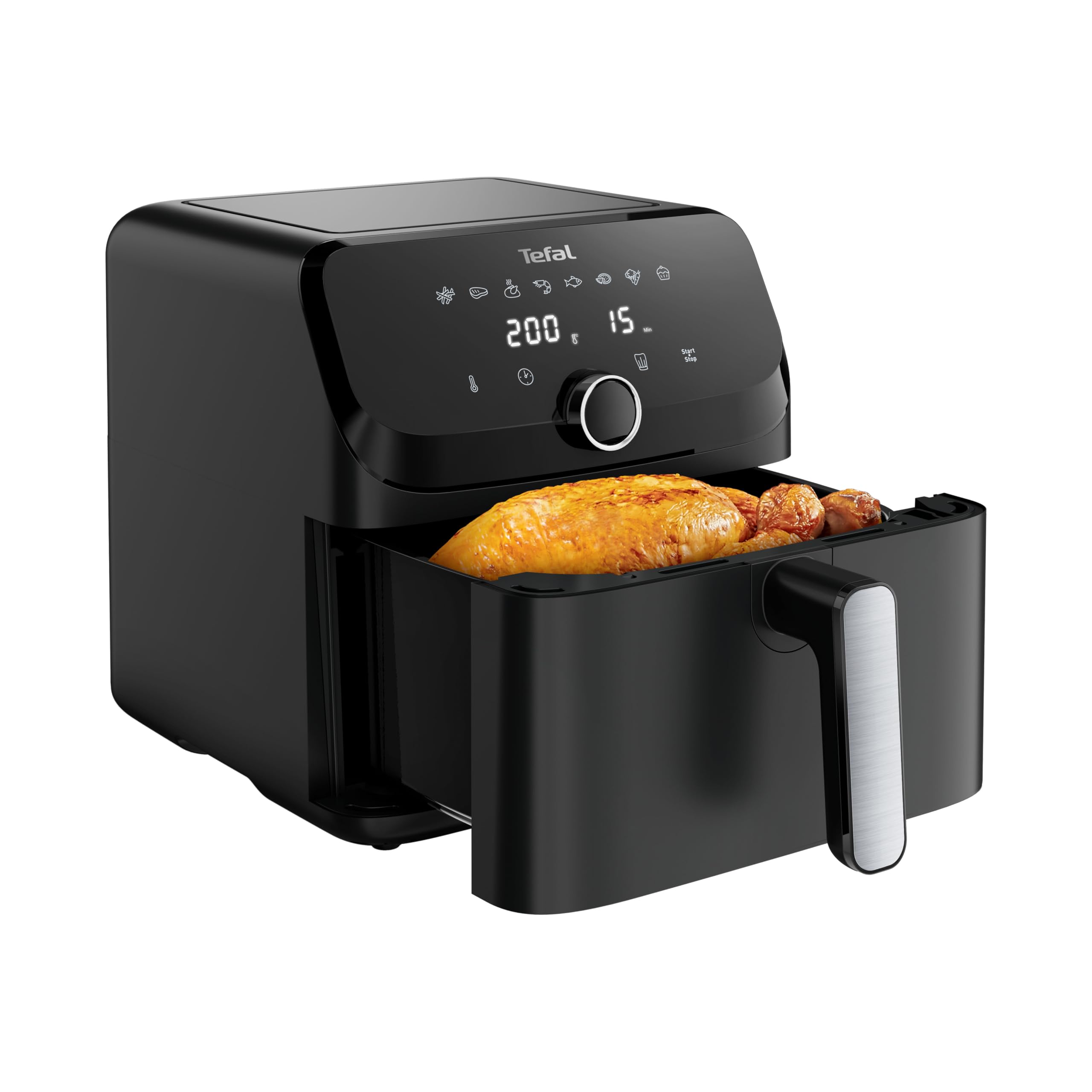 سرخ کن تفال ایزی فرای مگا، ظرفیت 7.5 لیتر، تا 8 نفر، 99 درصد چربی کمتر، 8 تنظیم پخت خودکار، صفحه نمایش دیجیتال، قابل شستشو در ماشین ظرفشویی، مشکی، EY8558E0