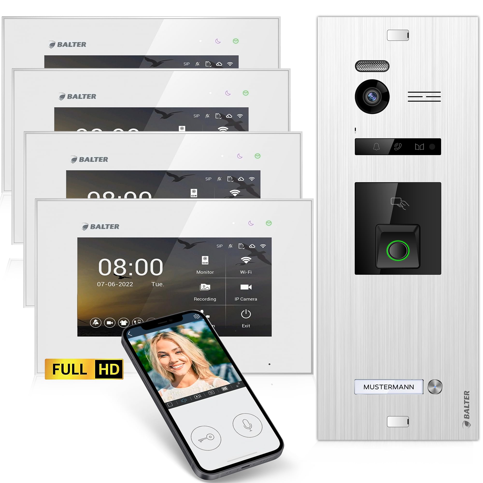 اینترکام درب تصویری Balter EVO-HD با اثر انگشت، زنگ ویدیویی، اپلیکیشن گوشی هوشمند، 1 خانه خانوادگی، مانیتور 4×7 اینچی، زنگ در با دوربین Full HD، اتوبوس 2 سیم، زاویه عریض 175 درجه، RFID، 1080P