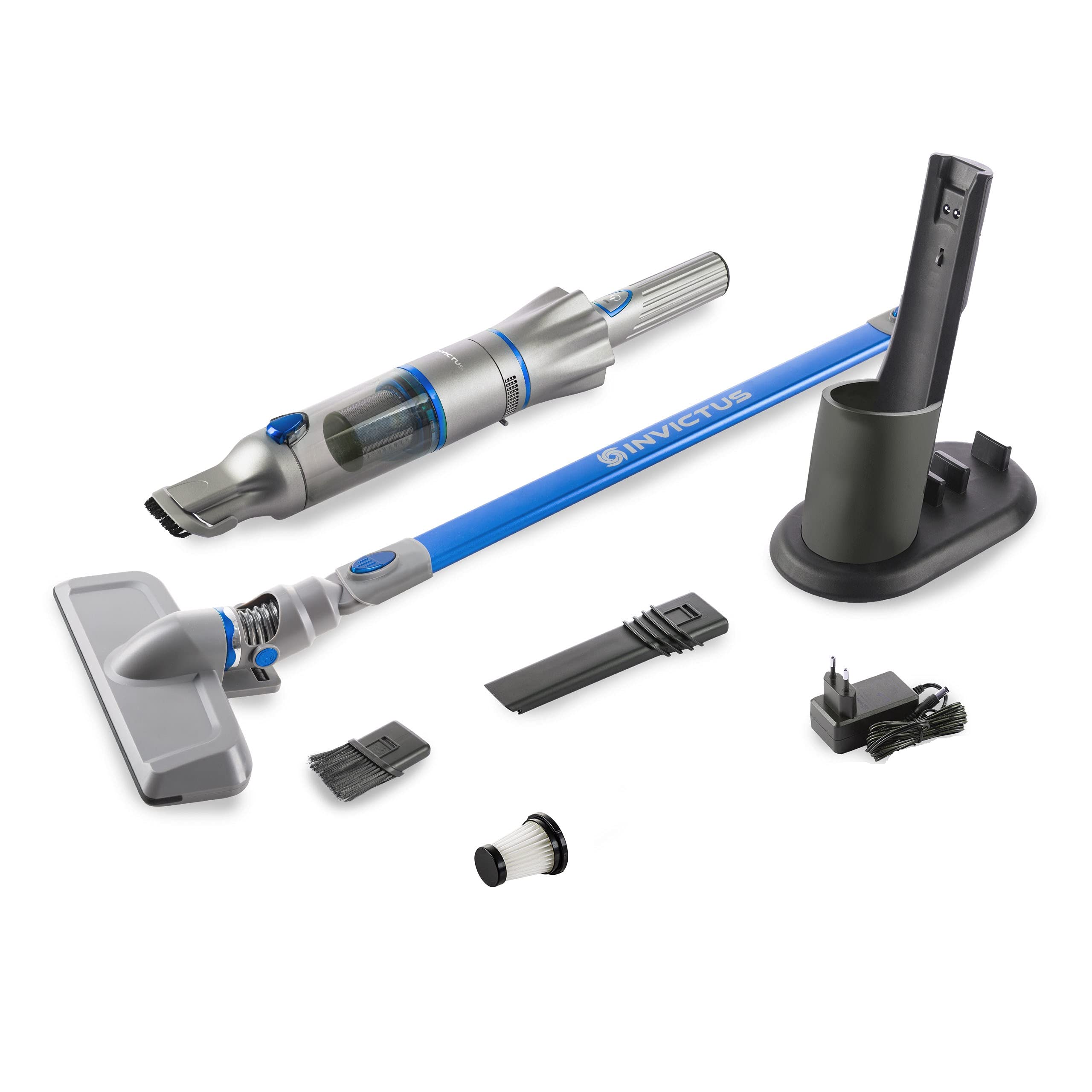 جاروبرقی دستی Genius A82113، Invictus One 2.0 + جاروبرقی کف جاروبرقی 12 تکه آبی دستی بدون کیسه و شارژی با 13000PA | 2 عدد فیلتر HEPA، باتری لیتیوم یون، نازل شکاف، نازل کف، 90 وات، 76 دسی بل