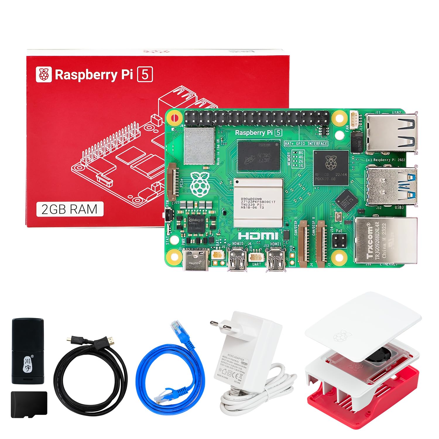 کیت توسعه Yahboom Raspberry Pi 5 2GB، کیس Pi5، آداپتور برق رسمی Pi5 Cortex-A76 CPU مناسب برای برنامه نویسی ربات هوش مصنوعی (2GB-کیت کیس رسمی)