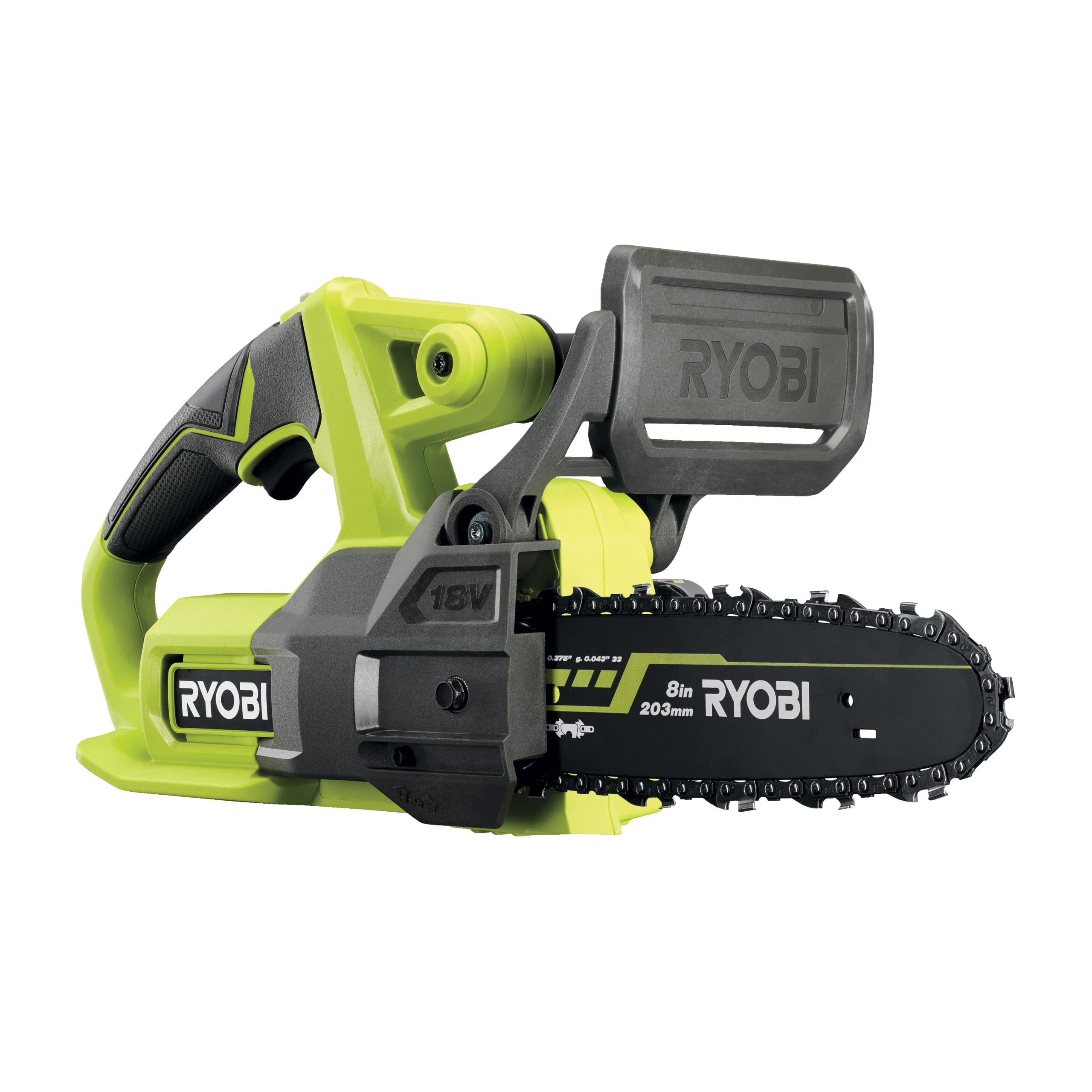 اره زرنجیری شارژی ریوبی ژاپن RYOBI 18 V ONE+ RY18CS20A-0 (طول تیغه 20 سانتی متر، سرعت زنجیر 4.5 متر بر ثانیه، سیستم کشش زنجیر قوی، بدون باتری و شارژر در جعبه)