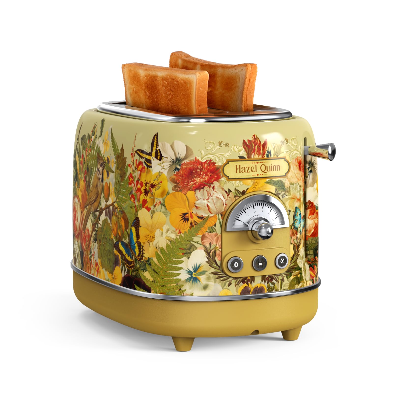 توستر Hazel Quinn X Eduardo Recife 2-Slice Toaster Retro، 6 سطح قهوه ای شدن، 3 عملکرد، سینی خرده نان قابل جابجایی، شکاف های 1.5 اینچی بسیار عریض، تمیز کردن آسان، چاپ گلدار