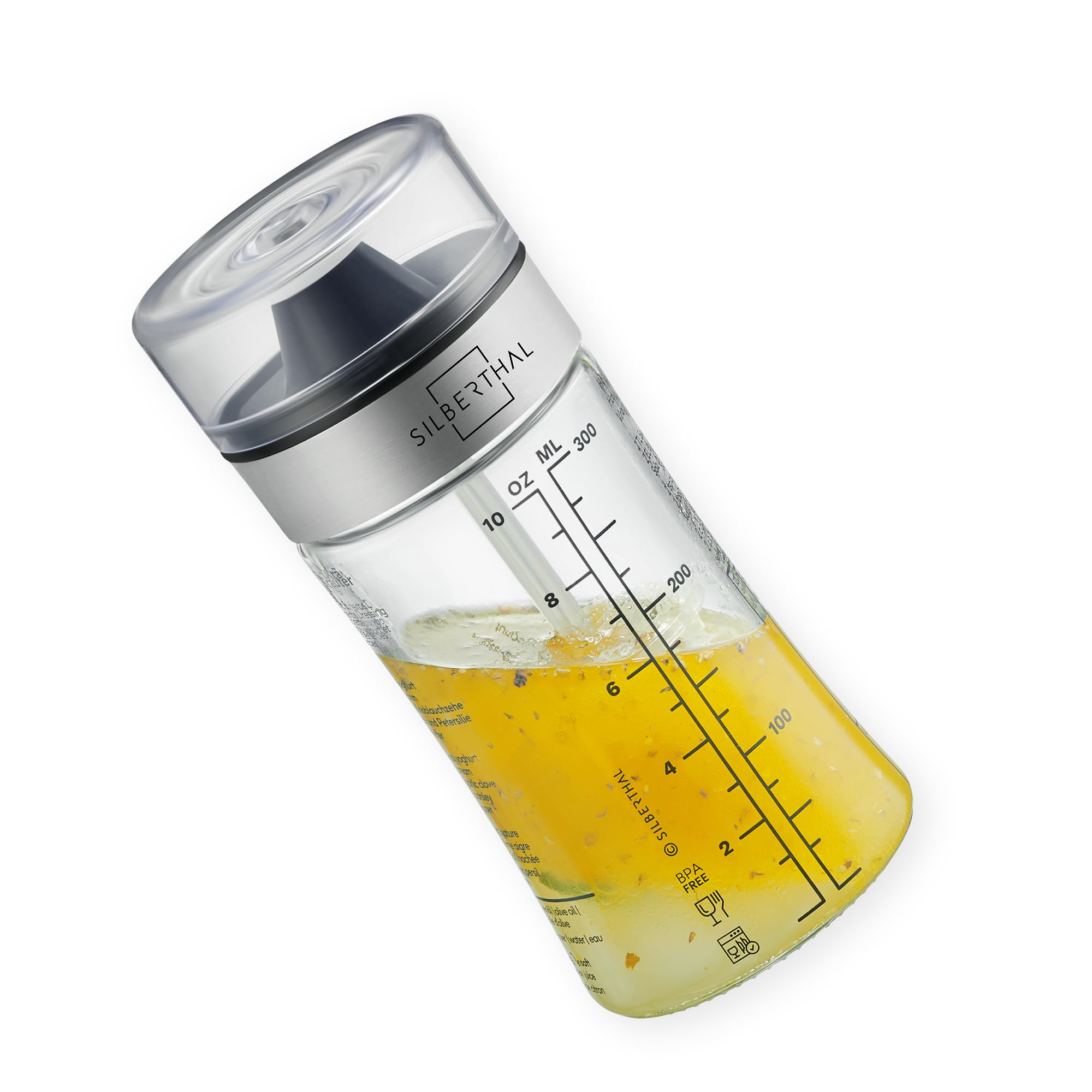 شیکر سس شیشه‌ای کوچک سیلبرتال آلمان به همراه دستور پخت - ۳۵۰ میلی‌لیتر - قابل شستشو در ماشین ظرفشویی - درب جدید و دستور پخت‌های جدید