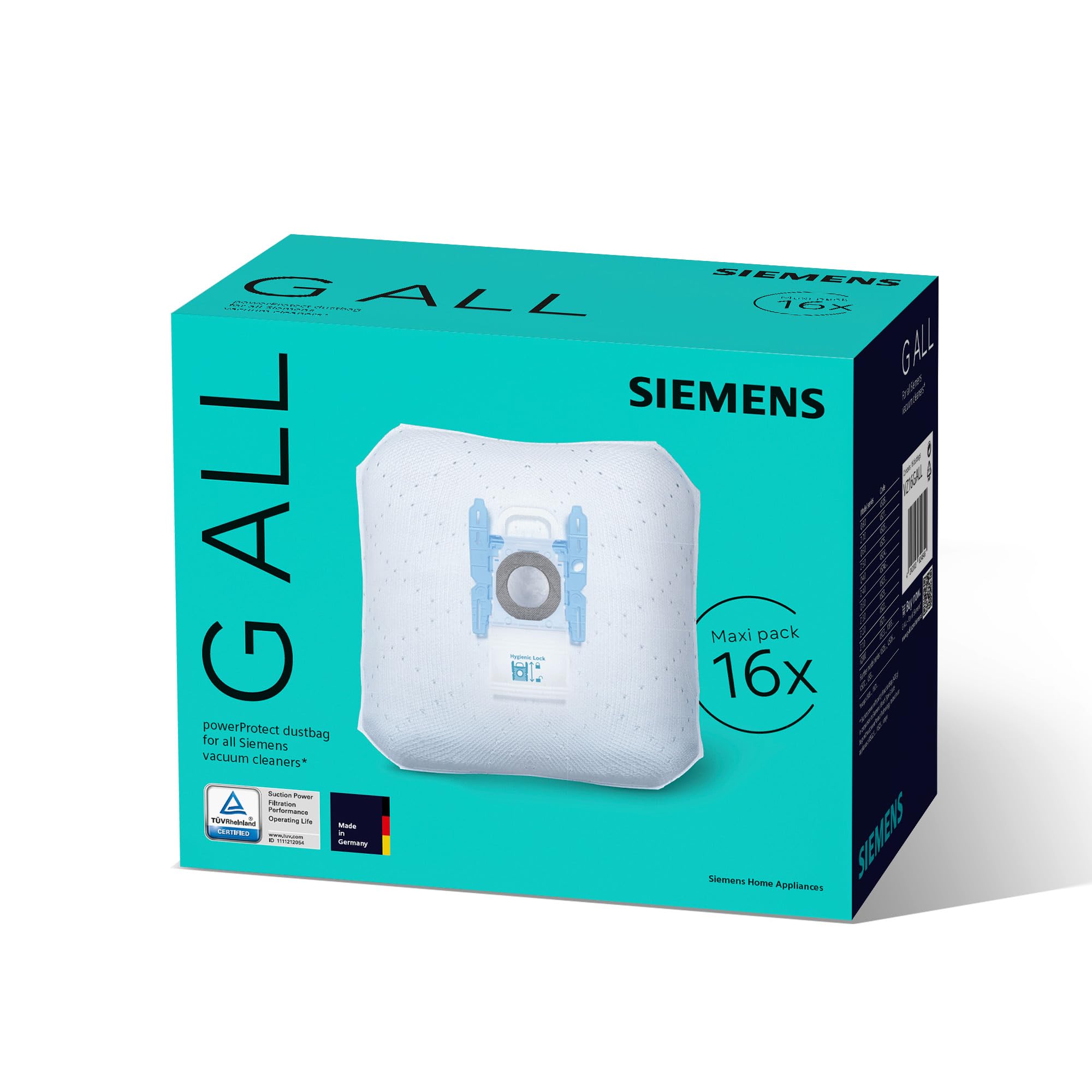 کیسه‌های جاروبرقی ۱۶ تایی زیمنس مدل powerProtect نوع G ALL VZ16GALL، ۹۹.۹٪ فیلتراسیون گرد و غبار ریز، عملکرد تمیزکنندگی بالاتر، ۵۰٪ عمر مفید بیشتر، مناسب برای همه سری‌ها به جز VS08 و VS01، بسته ۱۶ عددی