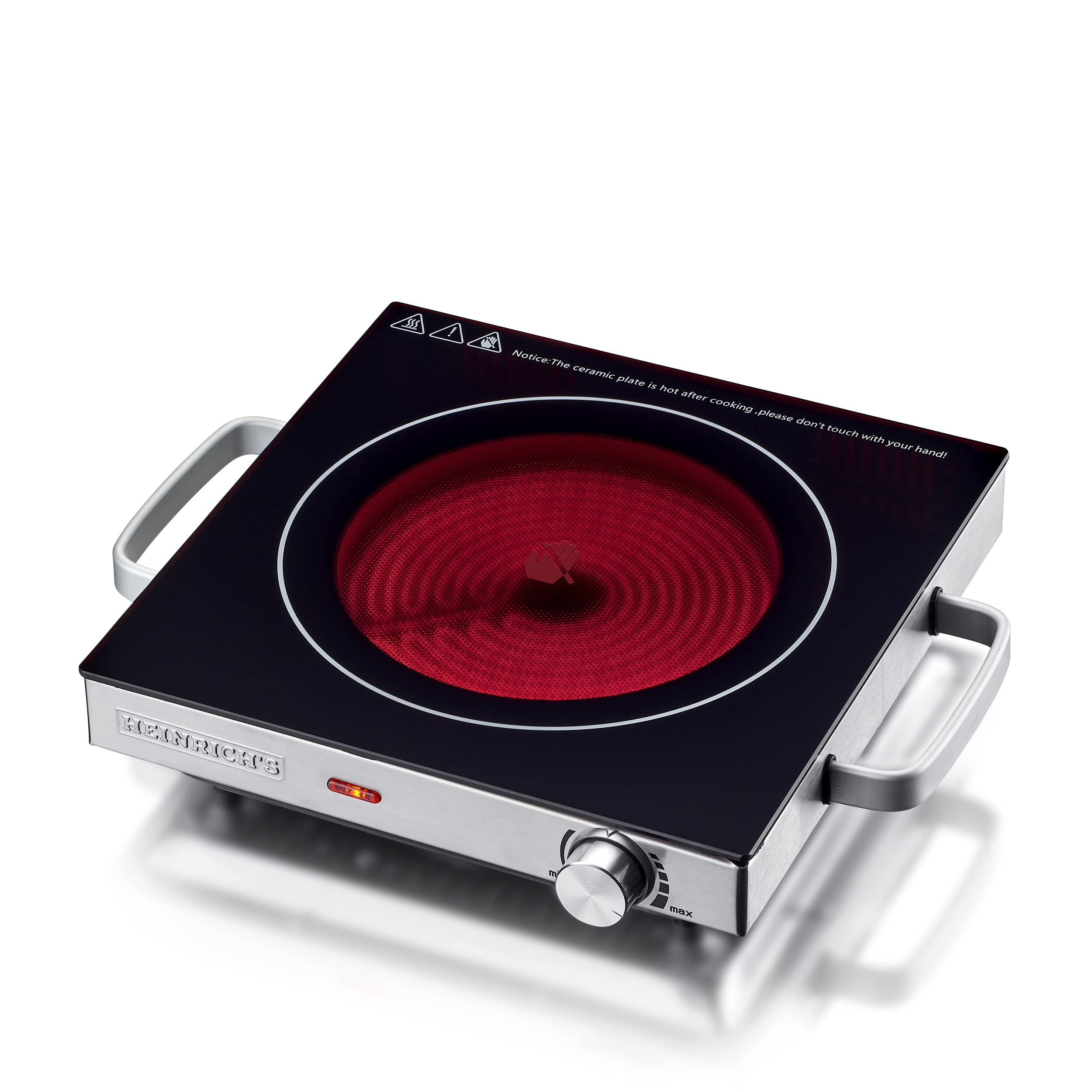 اجاق گاز مادون قرمز HEINRICHS، اجاق گاز سرامیکی شیشه‌ای با حرارت مادون قرمز، اجاق گاز برقی مناسب برای همه قابلمه‌ها و ماهیتابه‌ها، 2000 وات، کمپینگ/دفتر کار/آشپزخانه/فضای باز/تک نفره، اجاق گاز تک نفره Heinrich's
