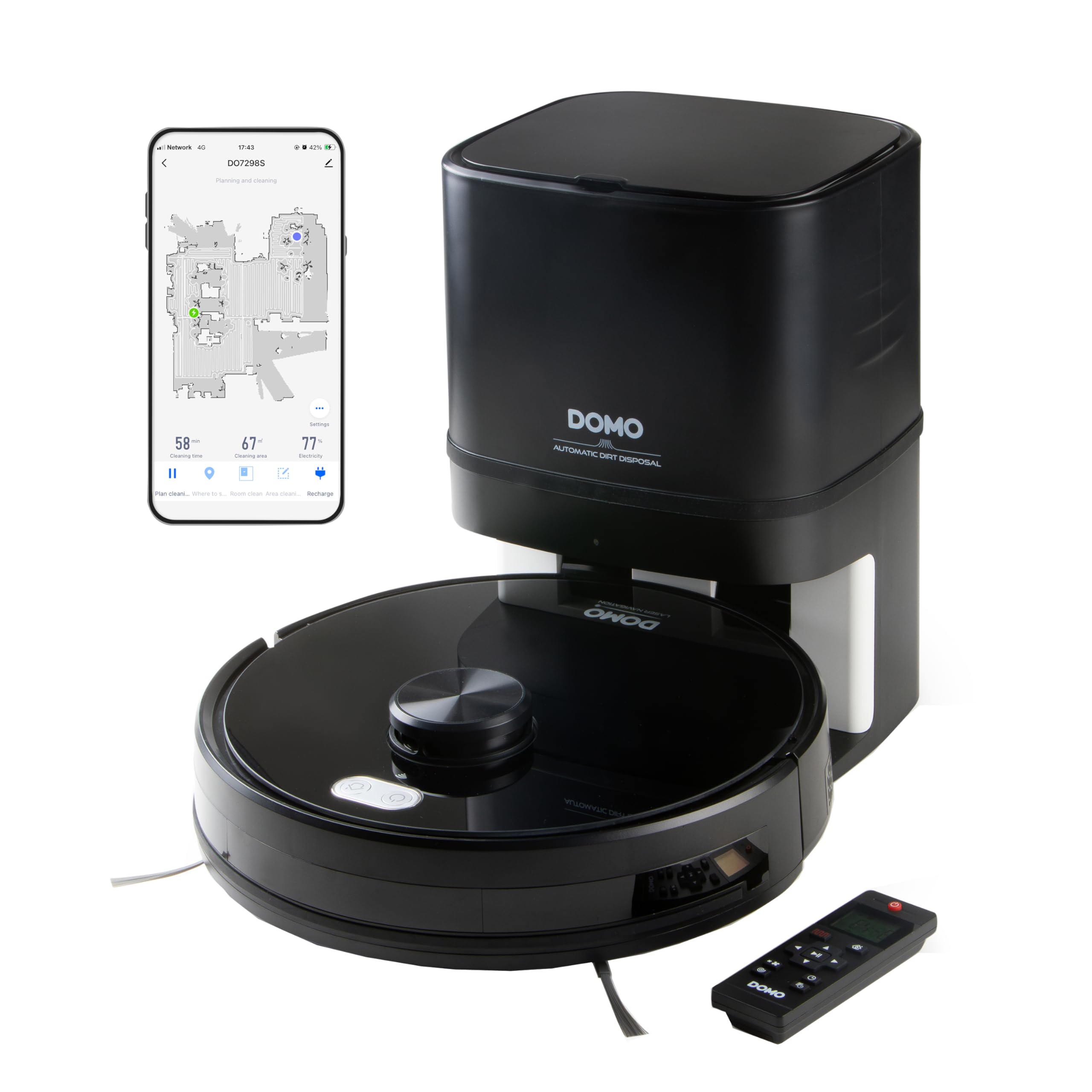جاروبرقی ربات DOMO DO7298S با ایستگاه خلاء خودکار، سیستم تی و برنامه - با محافظت در برابر سقوط - عملکرد تایمر