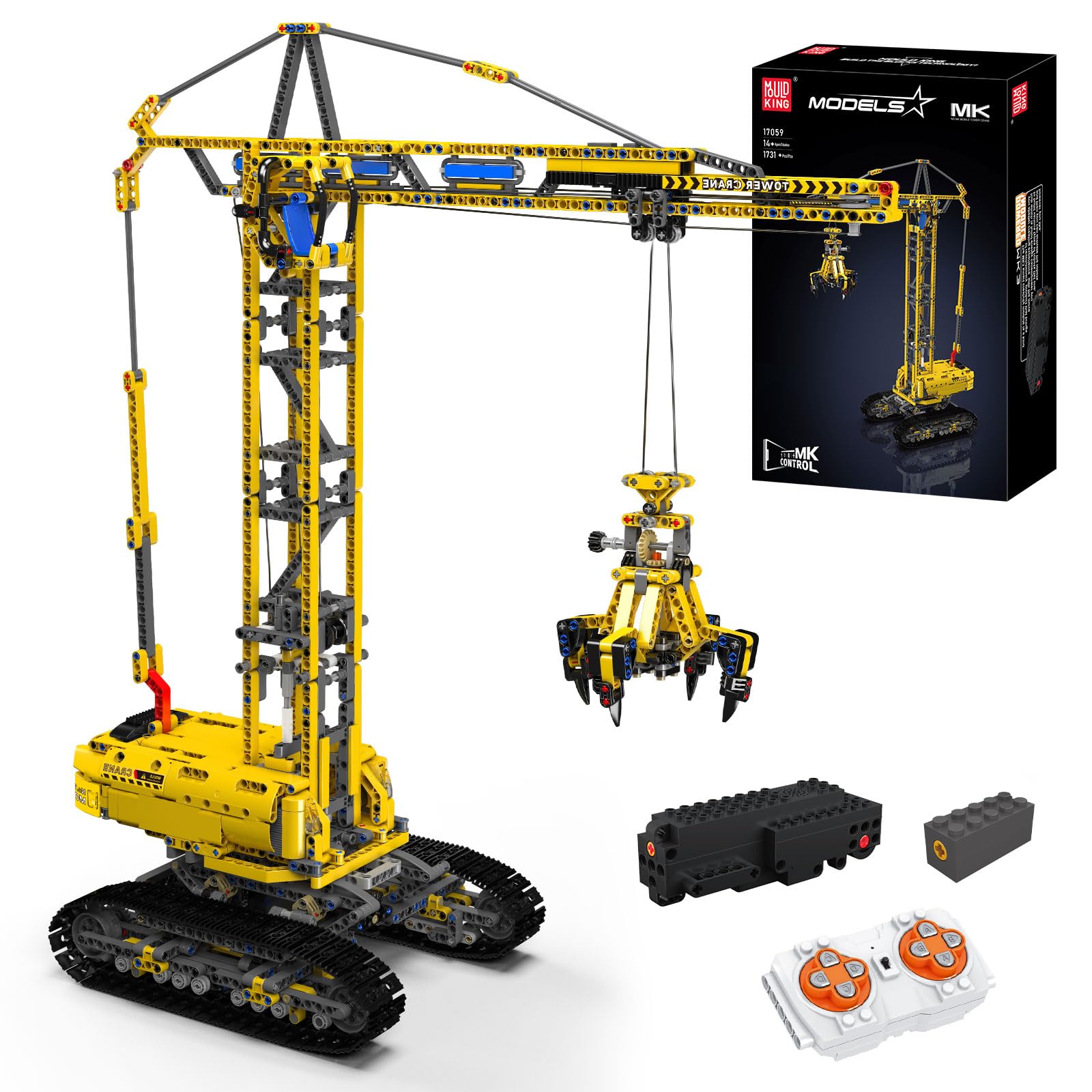قالب کینگ 17059 مدل جرثقیل خزنده کنترل از راه دور، کیت ساخت جرثقیل تکنولوژی 1731 قطعه، بلوک های گیره دار بلوک های ساختمانی جرثقیل برجی به عنوان اسباب بازی و هدیه (از 14 سالگی)