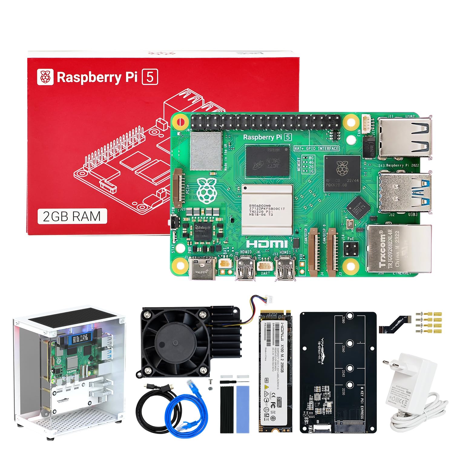 Yahboom Raspberry Pi5 Developer Kit 2GB + Mini Chassis+Pi 5 Case Active Cooling+PCIe M.2 SSD+256G SSD ROS2 System Ubuntu20.04 مناسب برای برنامه نویسی هوش مصنوعی پایتون (2GB-Cube Pi Case Kit)