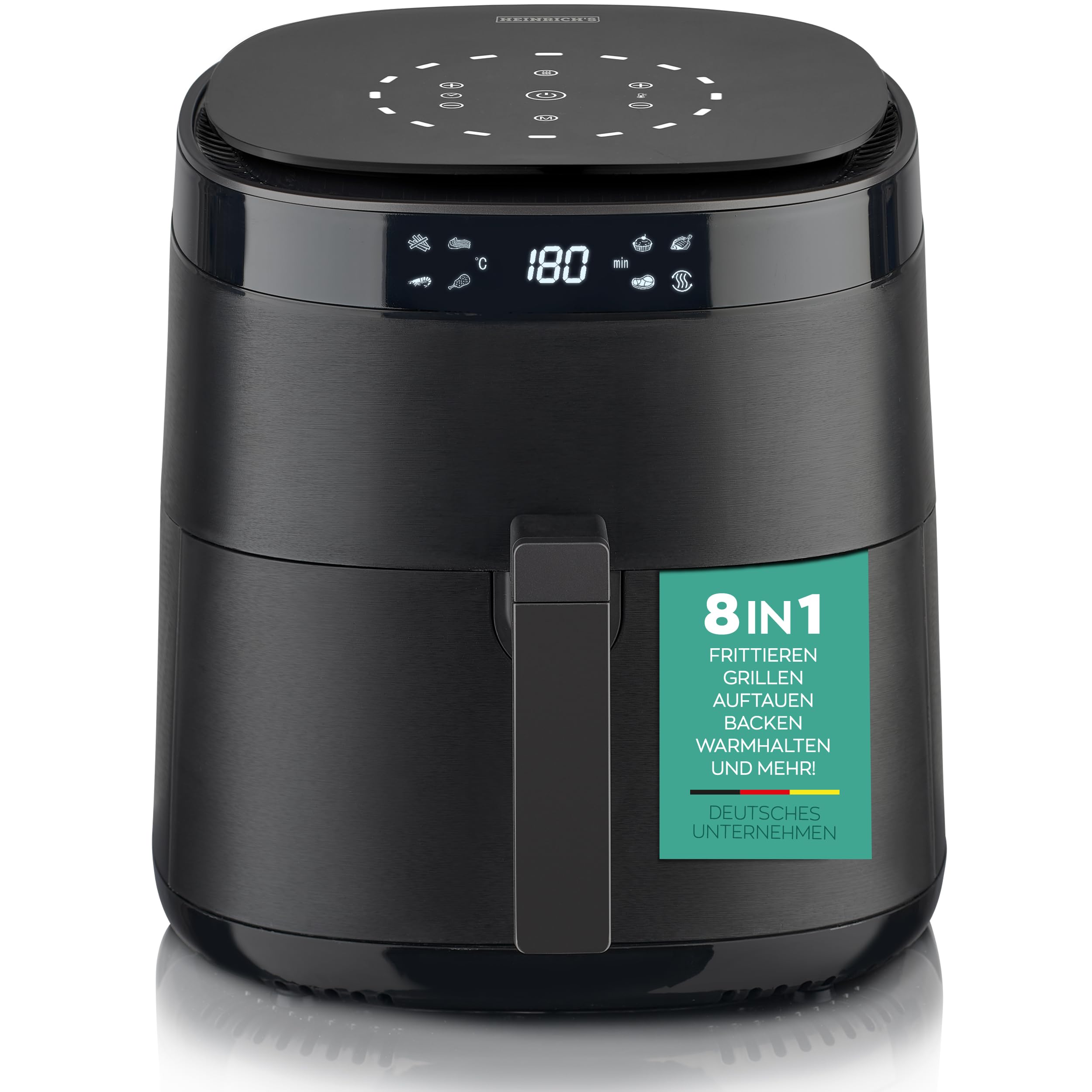 سرخ کن هوای گرم هاینریشز با نمایشگر دیجیتال LED، نمایشگر لمسی LCD، 8 برنامه، 1800 وات، سرخ کن هوای گرم بدون روغن، عملکرد تایمر، 9 لیتر XXL