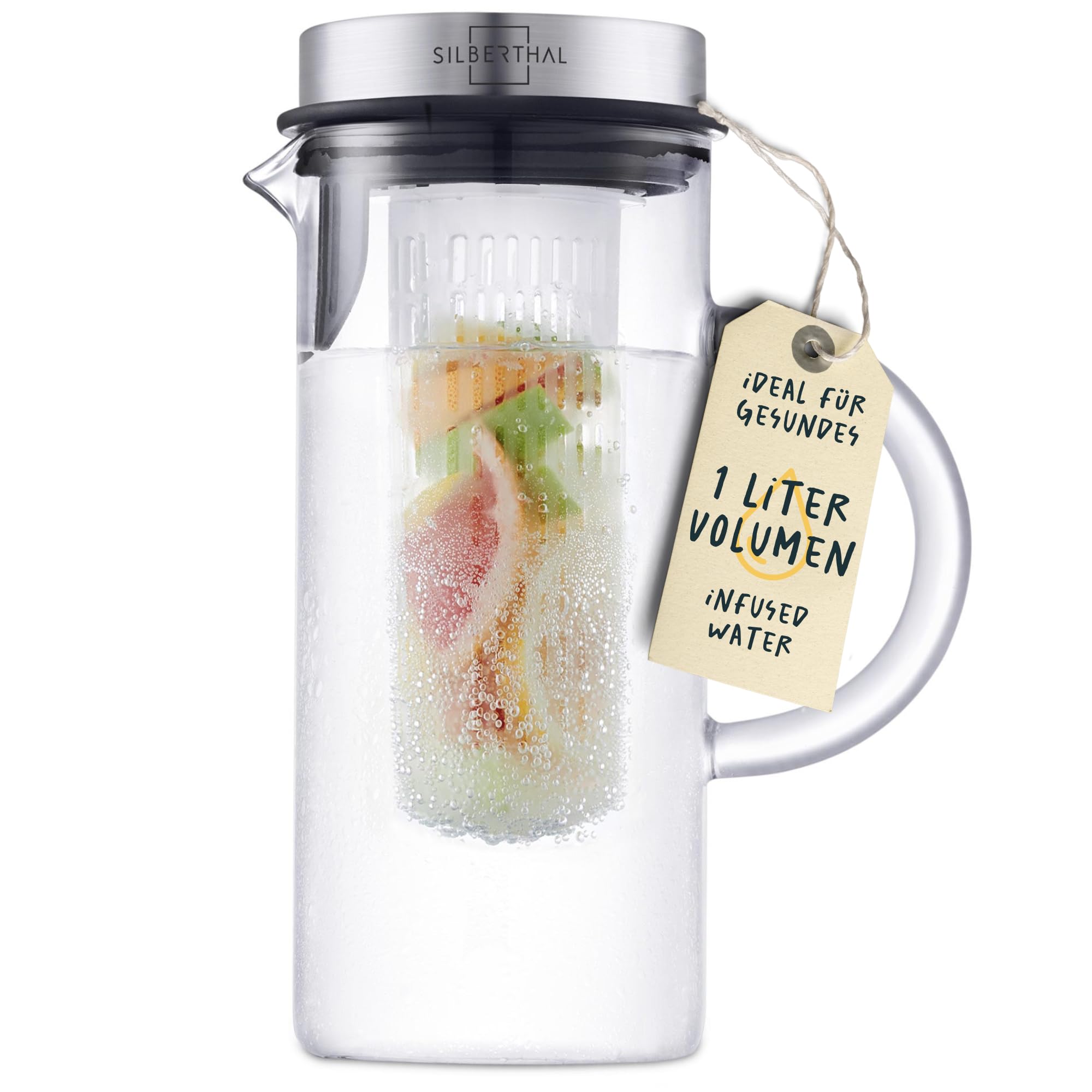 قوری شیشه‌ای سیلبرتال آلمان با درب - قوری ۱ لیتری با دم‌آوری میوه - قابل شستشو در ماشین ظرفشویی و مقاوم در برابر حرارت