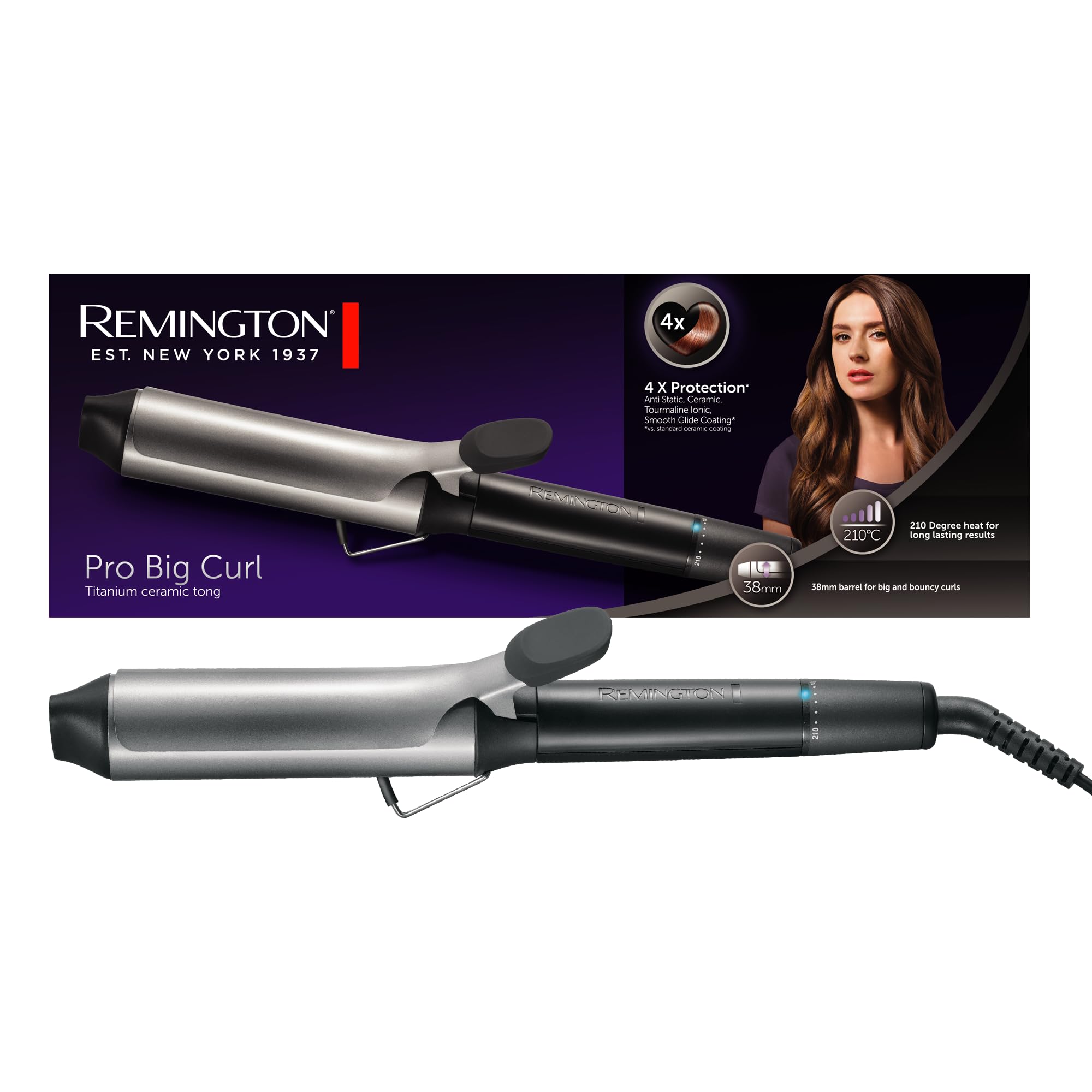 فرکننده موی رمینگتون برای فرهای بزرگ [38 میلی‌متر] Pro Big Curl (محافظت 4 لایه، پوشش سرامیکی-تورمالین ضد الکتریسیته ساکن)، نمایشگر دیجیتال تا 210 درجه سانتیگراد، با گیره، فرهای طبیعی، مشکی، CI5538