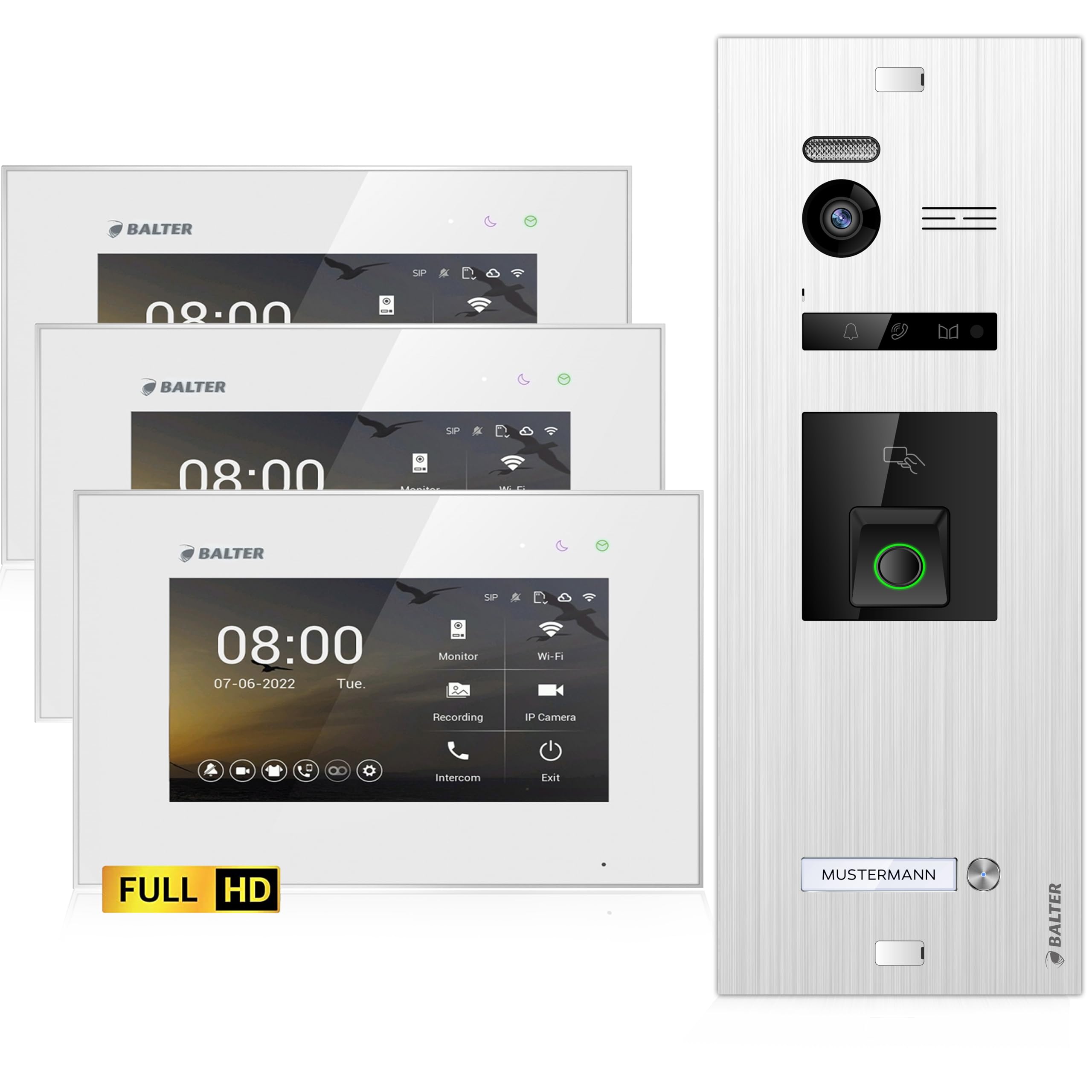 اینترکام درب تصویری Balter EVO-HD با حسگر اثر انگشت، زنگ تصویری، خانه تک‌خانواده، مانیتور 3×7 اینچی، زنگ در با دوربین Full HD، اتوبوس 2 سیم، زاویه عریض 175 درجه، RFID، 1080P