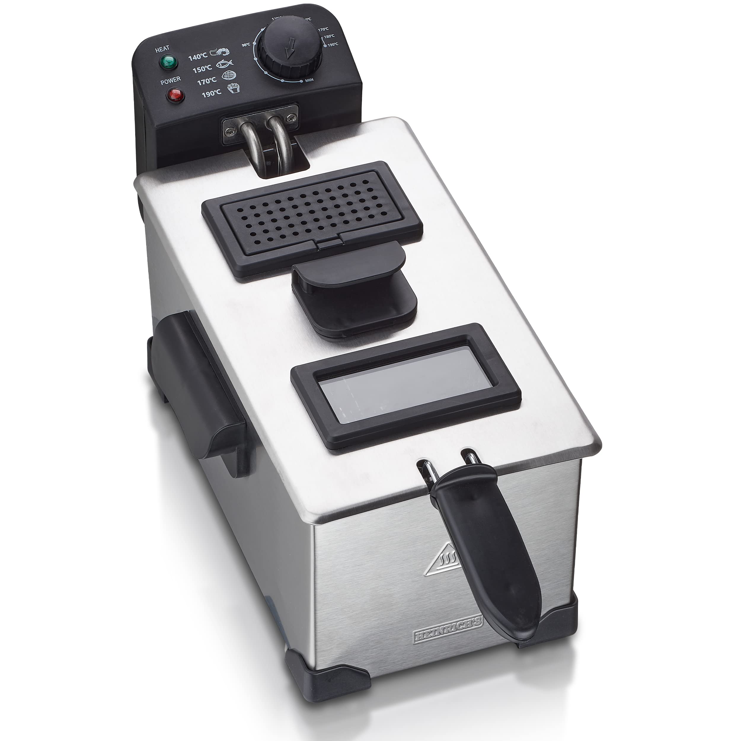 سرخ کن عمیق HEINRICHS، سرخ کن روغنی با 2200 وات و ظرفیت 3 لیتر، سرخ کن منطقه سرد برای سیب زمینی سرخ کرده ترد، دسته های عایق حرارت، ترموستات، پنجره دید، بدون BPA، استیل ضد زنگ، چراغ وضعیت LED