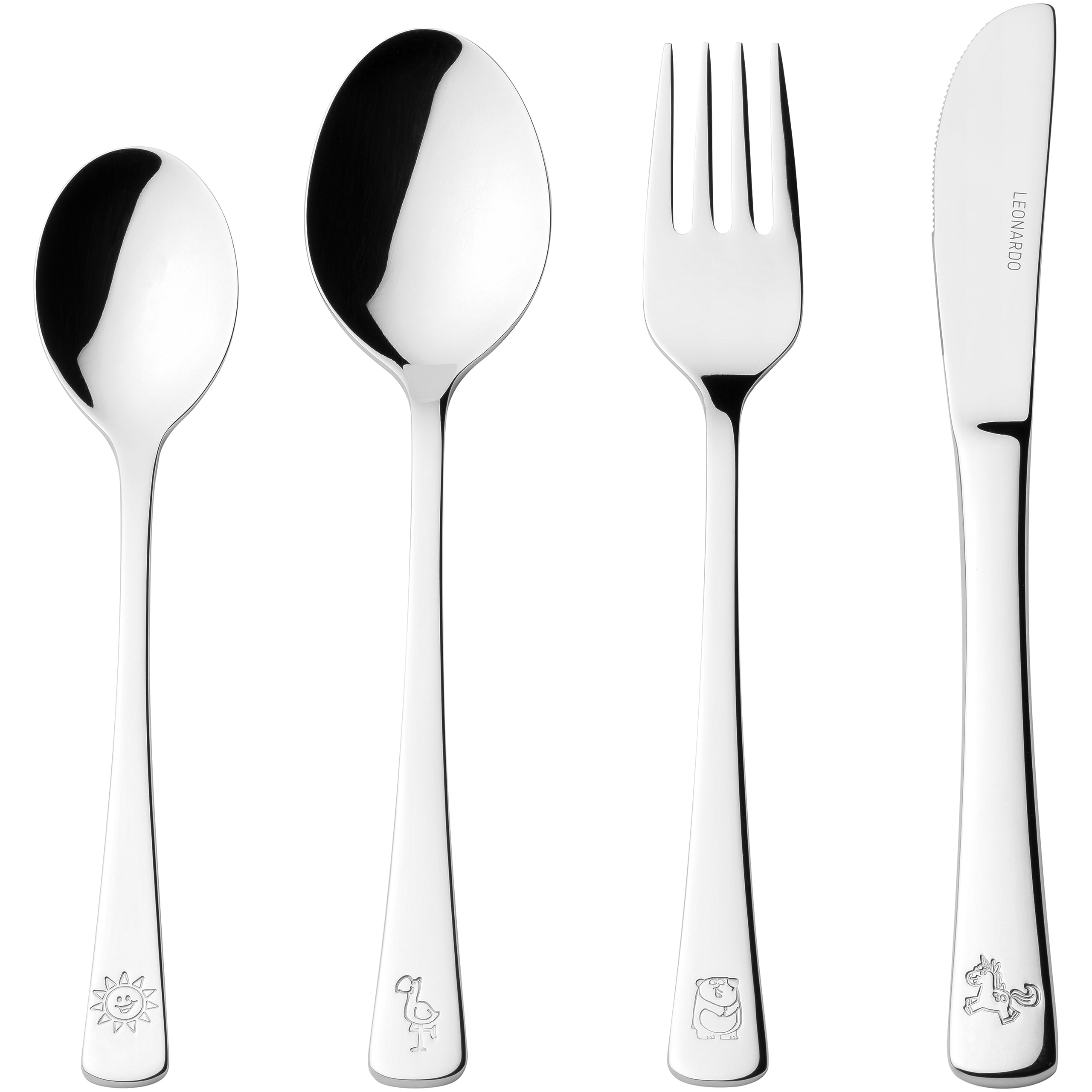 سرویس قاشق و چنگال کودک LEONARDO HOME Bambini Avventura، 4 تکه - قاشق و چنگال با طرح‌های ساخته شده از استیل ضد زنگ با کیفیت بالا - قابل شستشو در ماشین ظرفشویی - با طرح‌های حیوانات: پاندا، اسب تک شاخ، خورشید - قابل حکاکی، 070799 پاندا، اسب تک شاخ، فلامینگو
