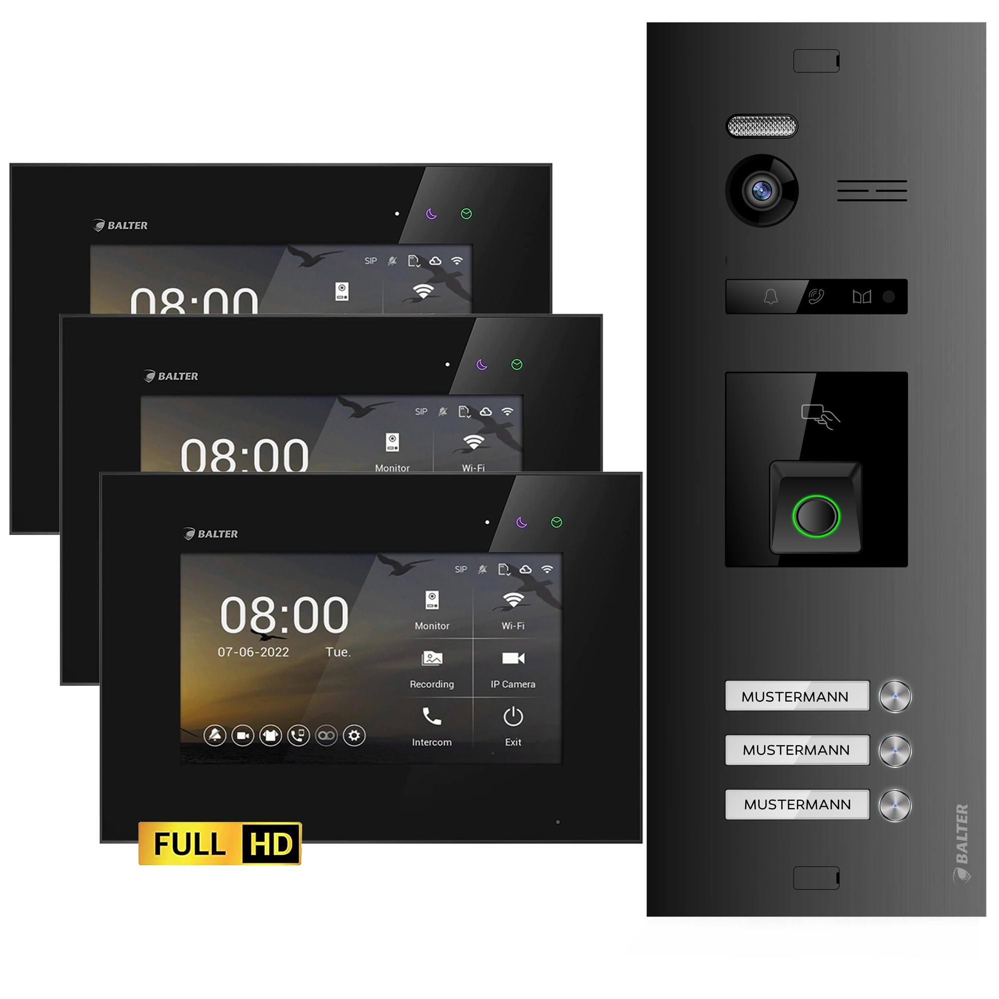 اینترکام درب تصویری Balter EVO-HD با حسگر اثر انگشت، زنگ ویدیویی، خانه 3 خانواده، مانیتور 2×7 اینچی، زنگ در با دوربین Full HD، اتوبوس 2 سیم، زاویه عریض 175 درجه، RFID، 1080P