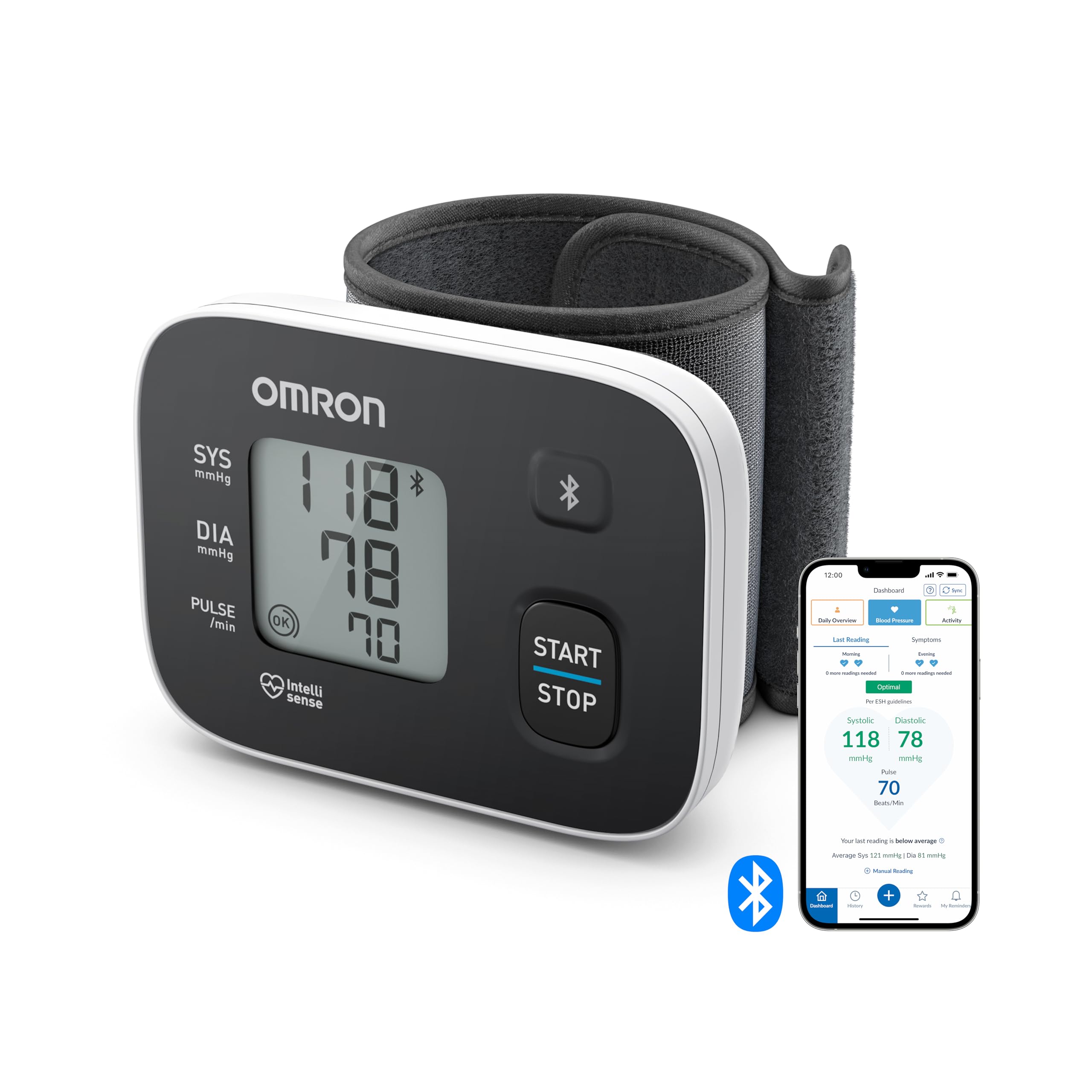 فشارسنج مچی OMRON RS3 Intelli IT، دارای تاییدیه بالینی، دارای اپلیکیشن رایگان گوشی هوشمند برای iOS/Android، کاف ۱۳.۵ تا ۲۱.۵ سانتی‌متری، کنترل تناسب کاف و ۳۰ جایگاه حافظه