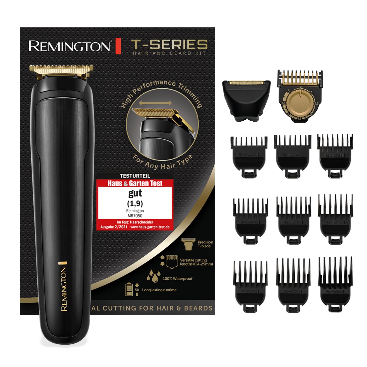 ماشین اصلاح موی حرفه‌ای رمینگتون [عملکرد موتور توربو، باتری لیتیومی، ۴ ساعت کارکرد، برق شهری و بی‌سیم] سری T، ۲ در ۱: اصلاح‌کننده ریش و ماشین اصلاح مو (۹ شانه ضمیمه ۱.۵-۲۵ میلی‌متری و اصلاح‌کننده + ریش) MB7050