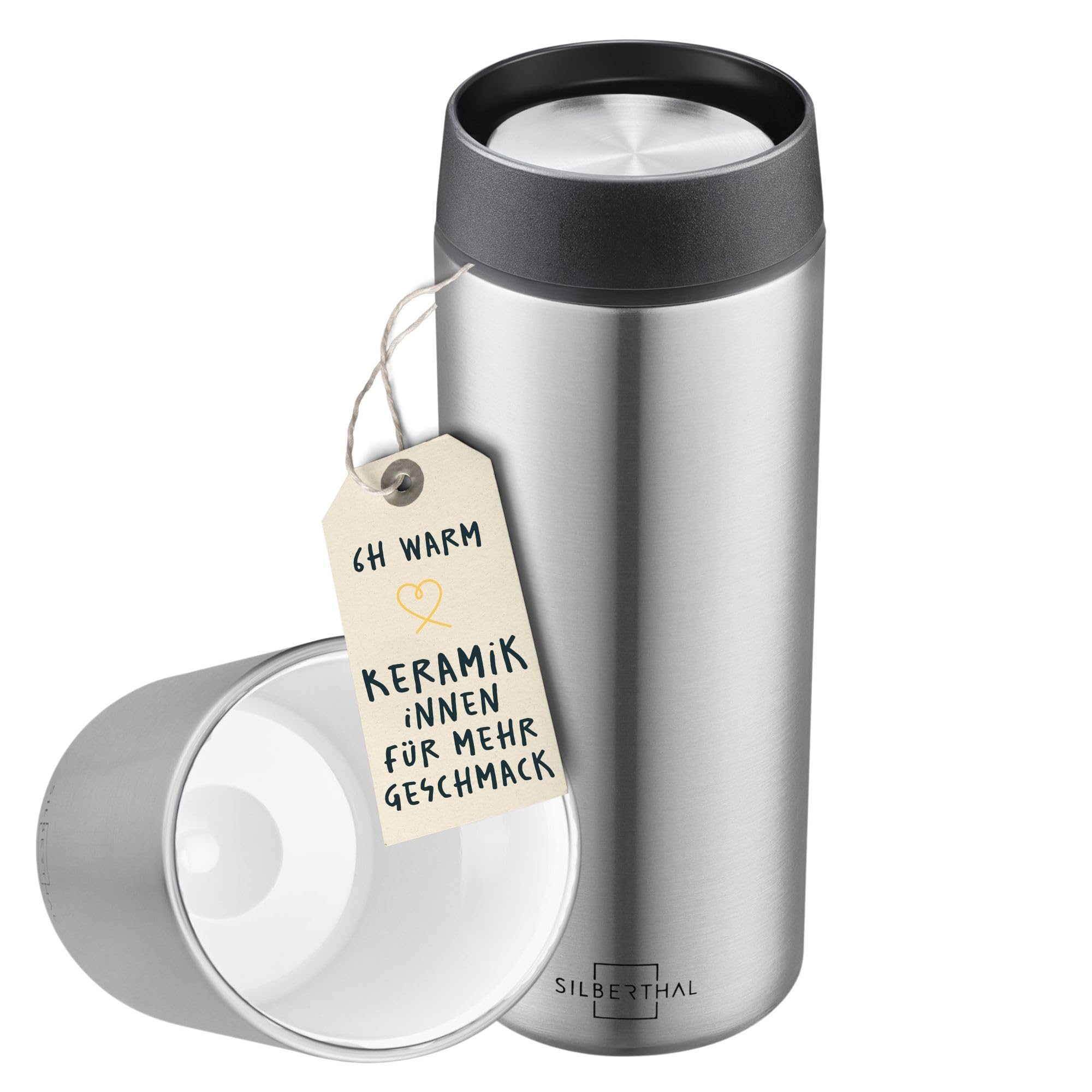 ماگ حرارتی سیلبرتال آلمان استیل ضد زنگ SILBERTHAL 350 میلی‌لیتری - ماگ قهوه مسافرتی ضد نشت با روکش سرامیکی - ماگ حرارتی سرامیکی - فنجان قهوه به رنگ نقره‌ای - قهوه را تا 6 ساعت گرم نگه می‌دارد