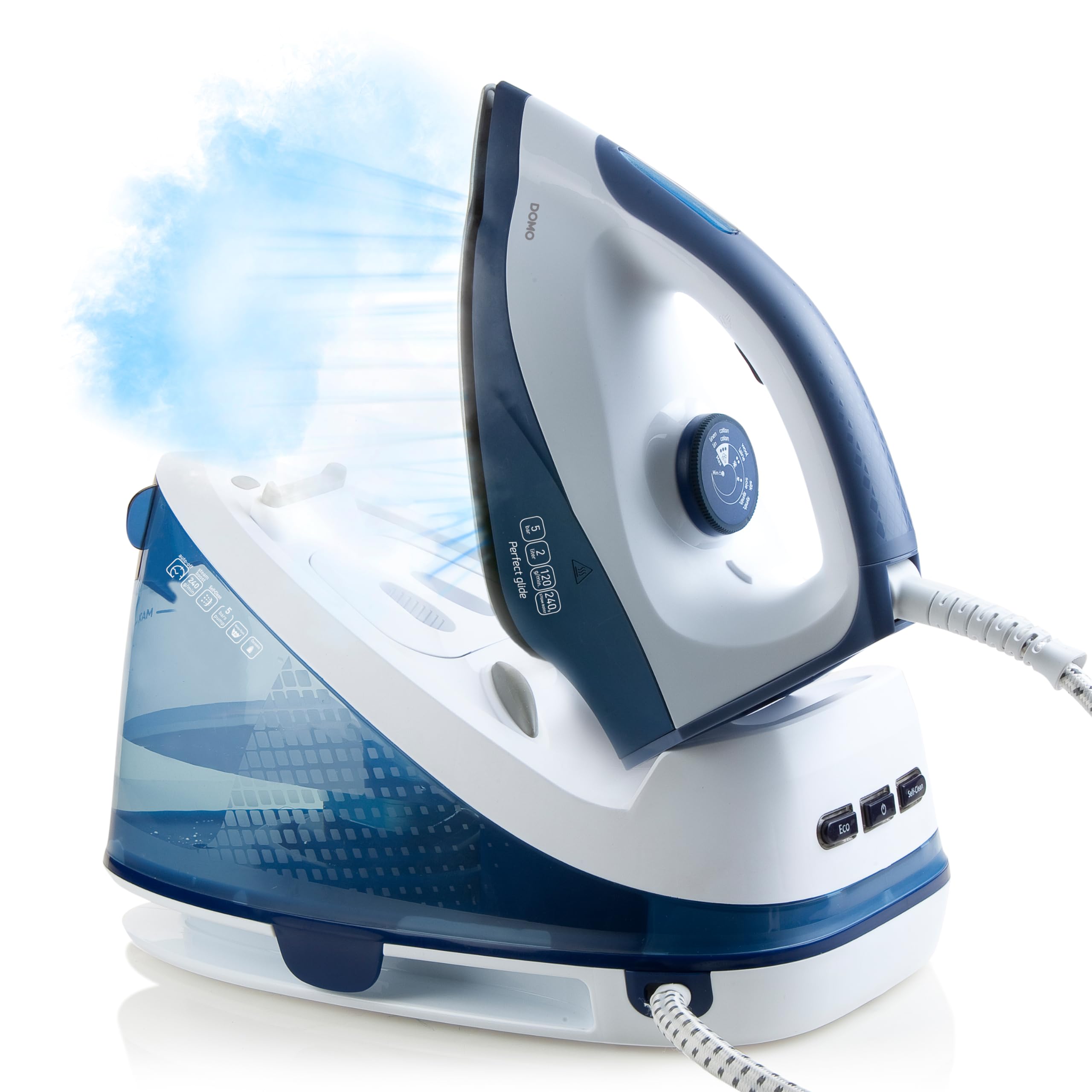 اتو بخار DOMO DO7109S با کف سرامیکی، فشار ۵ بار، آبی/سفید