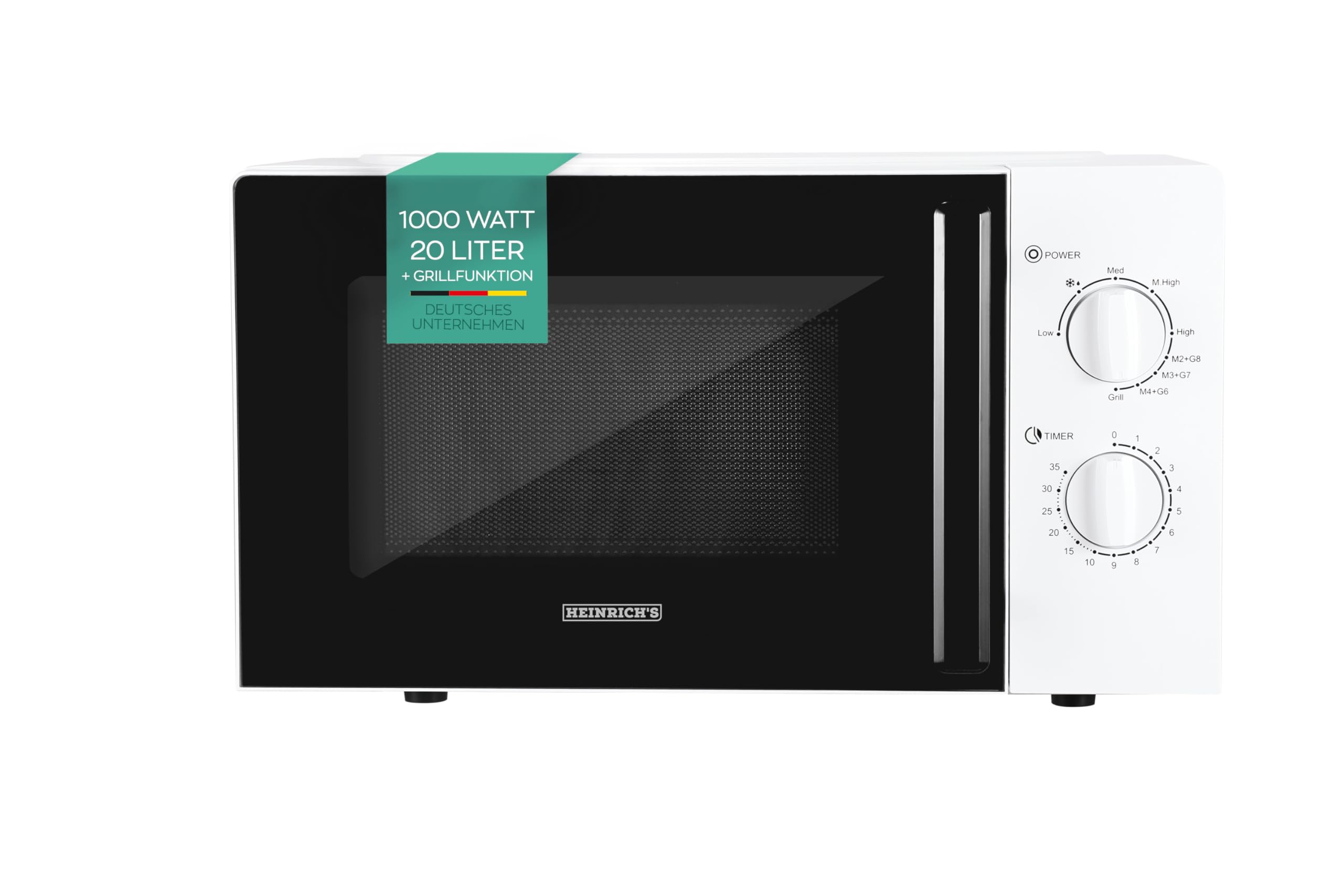 مایکروویو هاینریش، مایکروویو جمع و جور، ظرفیت 20 لیتر، 9 سطح قدرت، شامل تایمر 35 دقیقه‌ای، عملکرد یخ‌زدایی، چراغ داخلی، صفحه گردان 360 درجه، با عملکرد گریل، قدرت 1000 وات، هاینریش (سفید)
