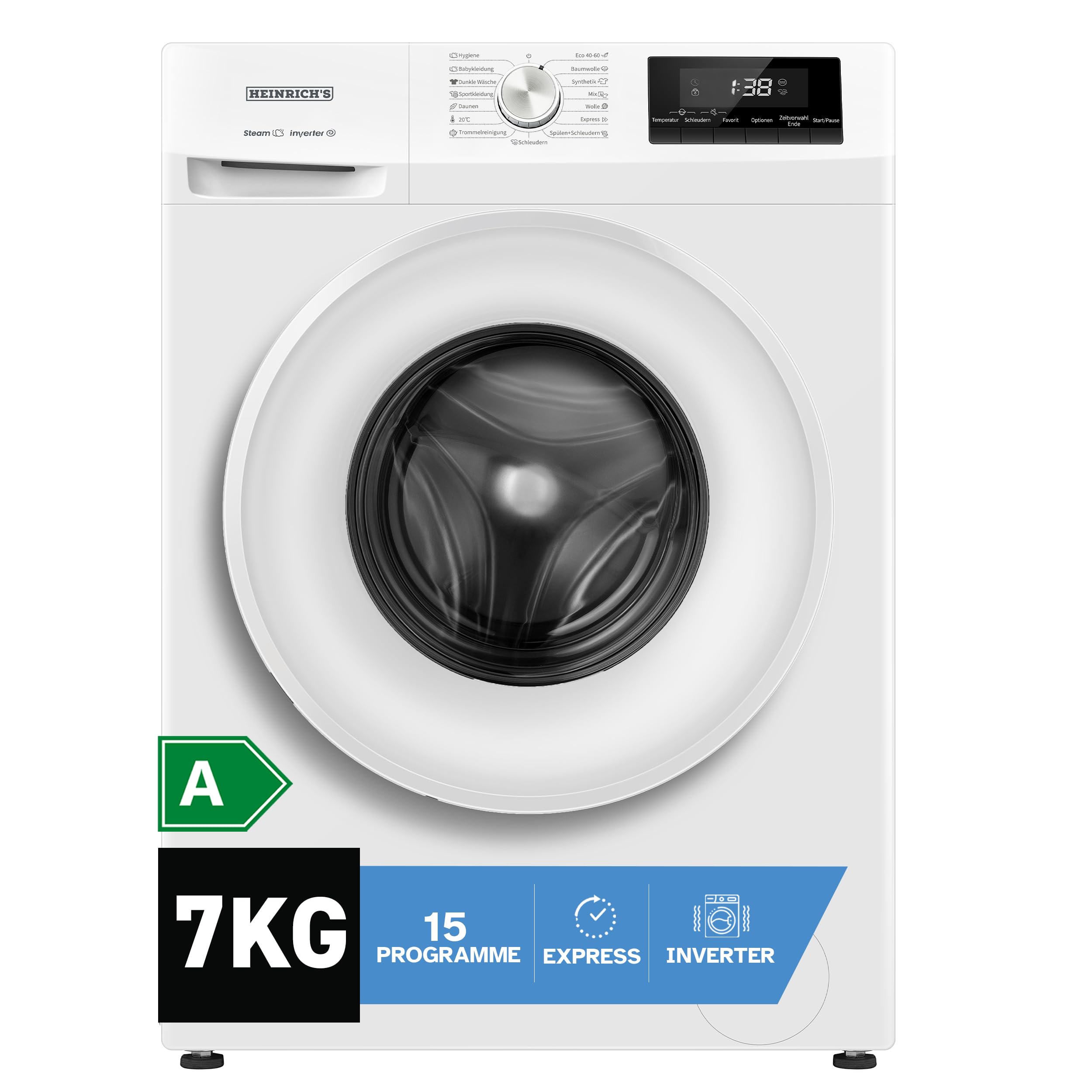 ماشین لباسشویی هاینریش آلمان ۷ کیلوگرم، ۱۵ برنامه، ۱۴۰۰ دور در دقیقه، سیستم Aqua-Stop، صفحه نمایش LED، شامل تایمر، دارای قفل کودک، موتور اینورتر بادوام، کلاس مصرف انرژی A، سفید