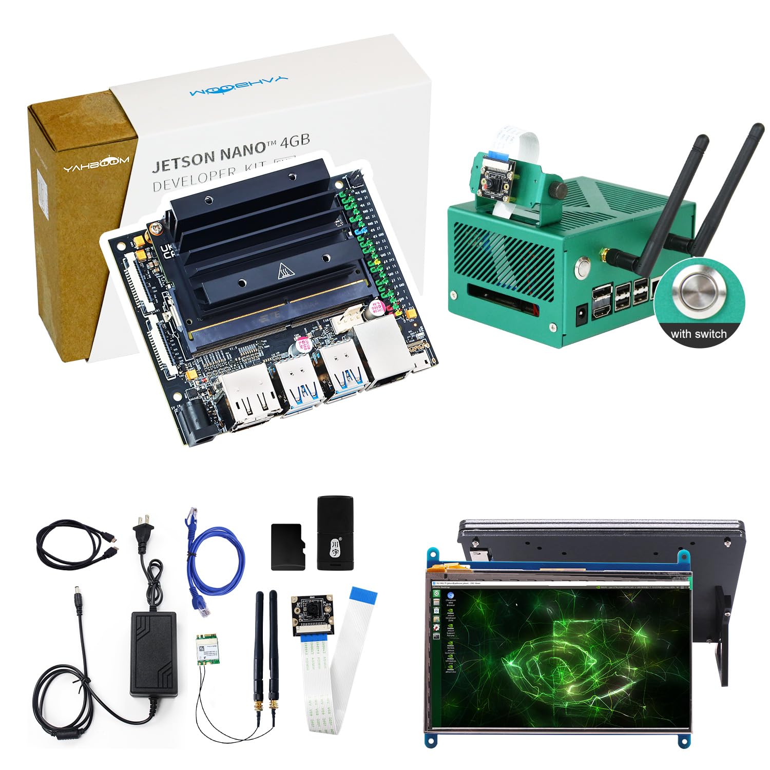 Yahboom Jetson Nano 4GB RAM Case IMX219 77° Camera HDMI Kabel LAN 64GB Card TF 16GB eMMC Storage Programming Ubuntu18.04 (Developer Kit)