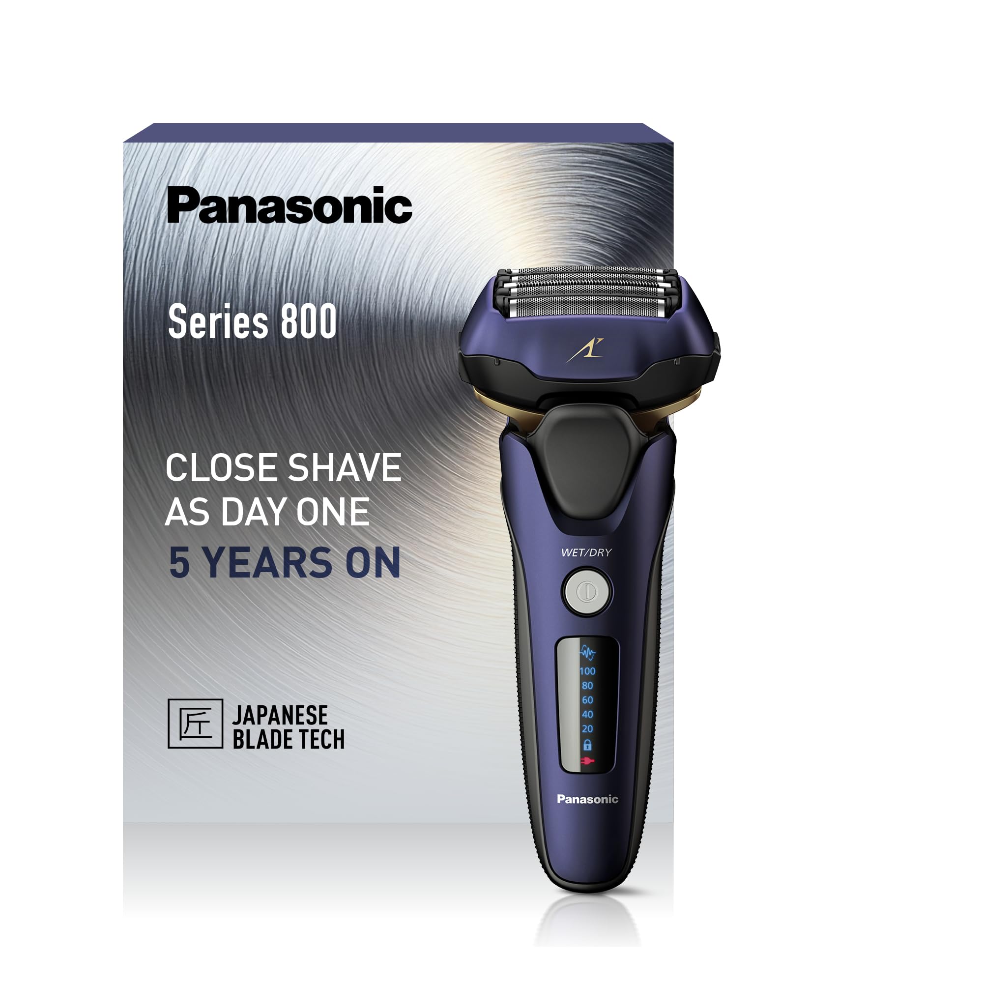 ریش‌تراش برقی پاناسونیک سری ۸۰۰ ES-LV67 مخصوص اصلاح خشک و تر، سری اصلاح ۵ تیغه با موتور خطی و فناوری حسگر ریش، شامل اصلاح‌کننده‌ی پاپ‌آپ و سری چندمنظوره ۱۶D، به رنگ آبی سرمه‌ای ES-LV67-A803