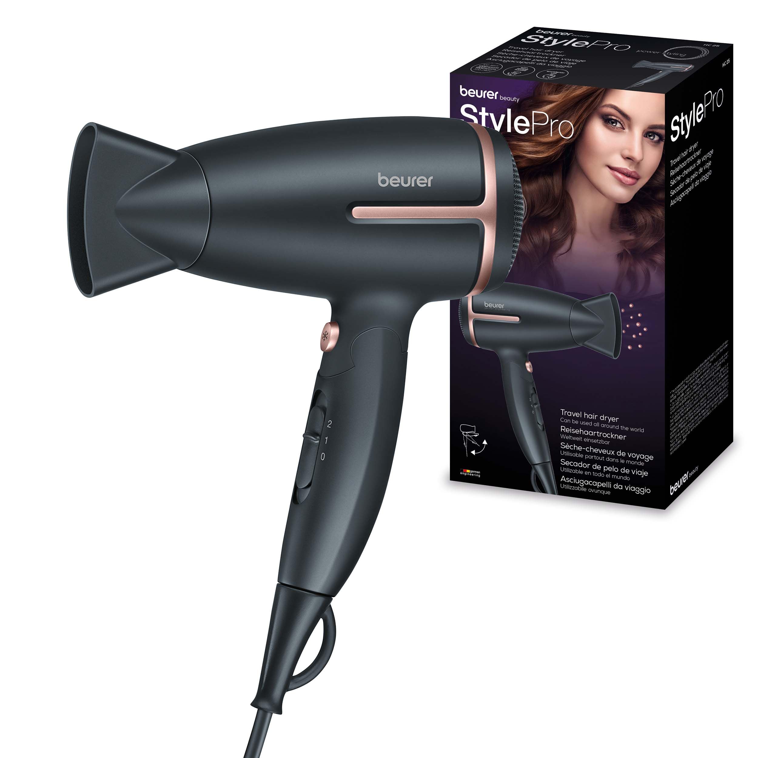 سشوار مسافرتی تاشو Beurer HC 25 با عملکرد یون، سشوار قدرتمند، برای موهای صاف و نرم، ایده‌آل برای استفاده در حال حرکت، 1600 وات، تنظیم ولتاژ جهانی 110-120/220-240 ولت