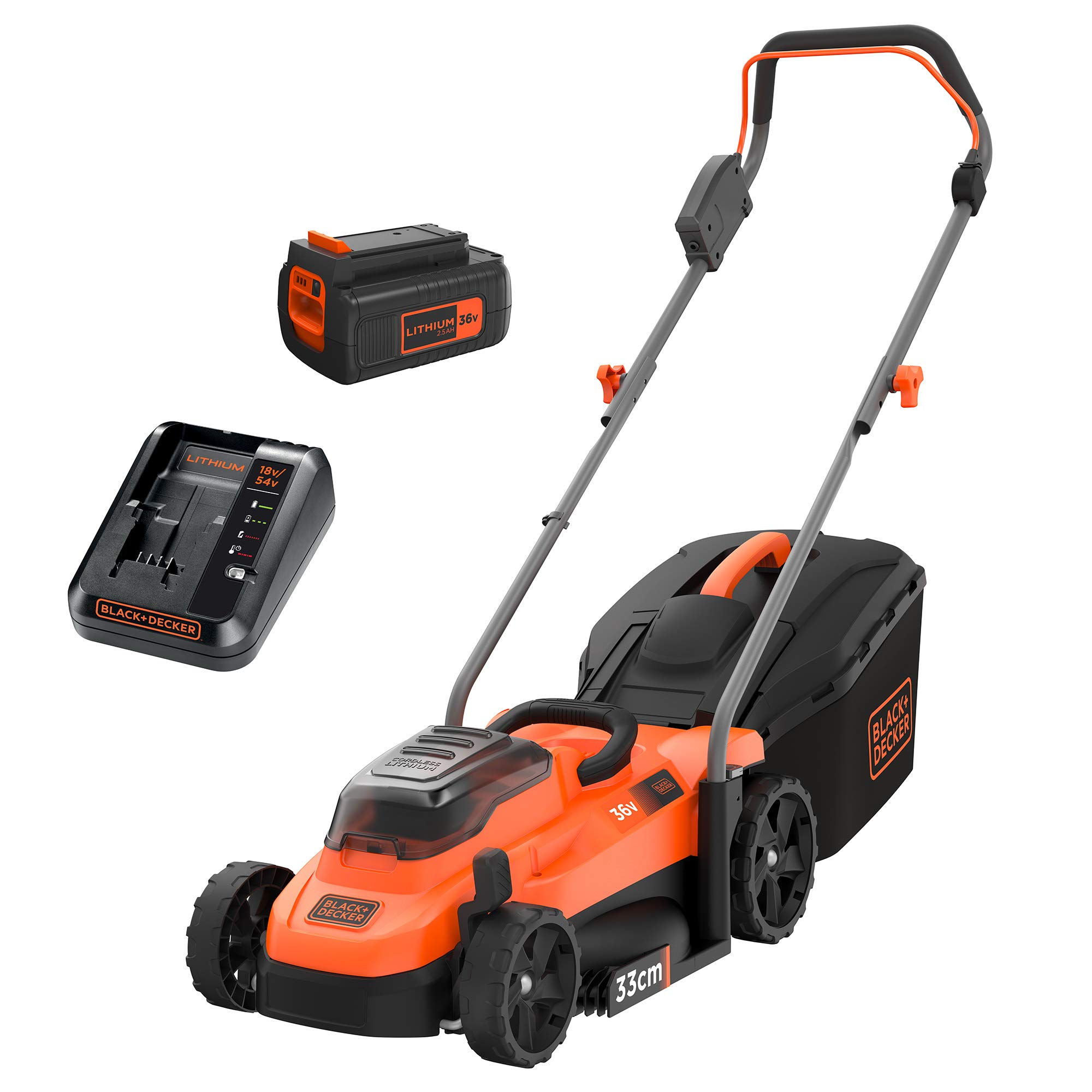 چمن زنی شارژی Black+Decker BCMW3336L1 (36 ولت، 2.5 آمپر ساعت، عرض برش 33 سانتی متر، برای چمن های متوسط تا 250 متر مربع، تنظیم ارتفاع در 5 جهت، شامل 1 باتری، شارژر، علف گیر 35 لیتری)، نارنجی/مشکی