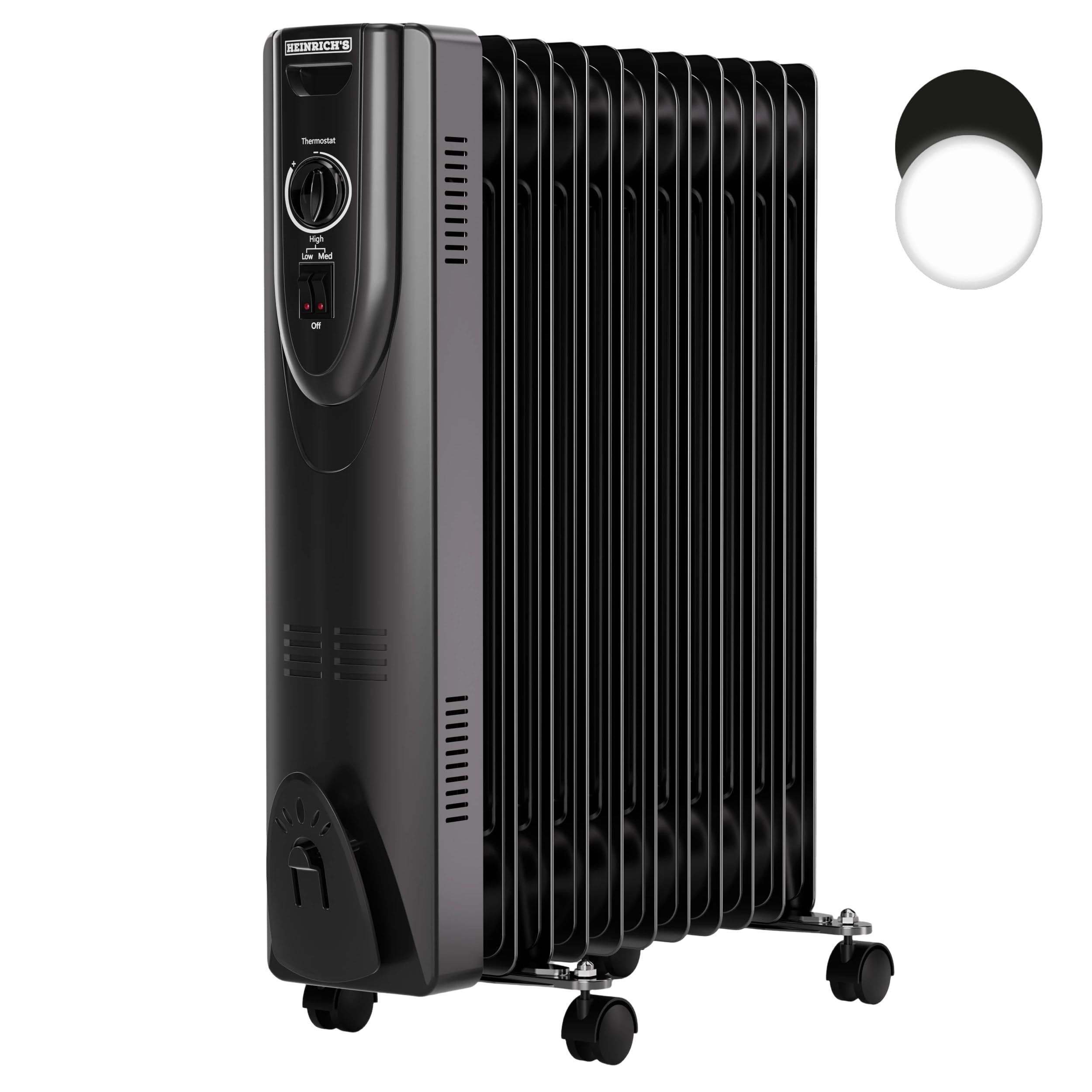 رادیاتور روغنی هاینریش، ۱۱ پره، المنت گرمایشی برقی ۲۵۰۰ وات، ۳ حالت گرمایش، کنترل ترموستات پله‌ای، محافظت در برابر گرمای بیش از حد، فضای کم، محافظت در برابر واژگونی، دارای جا حوله‌ای، بی‌صدا برای دفتر و خانه، مشکی، ۱۱ پره